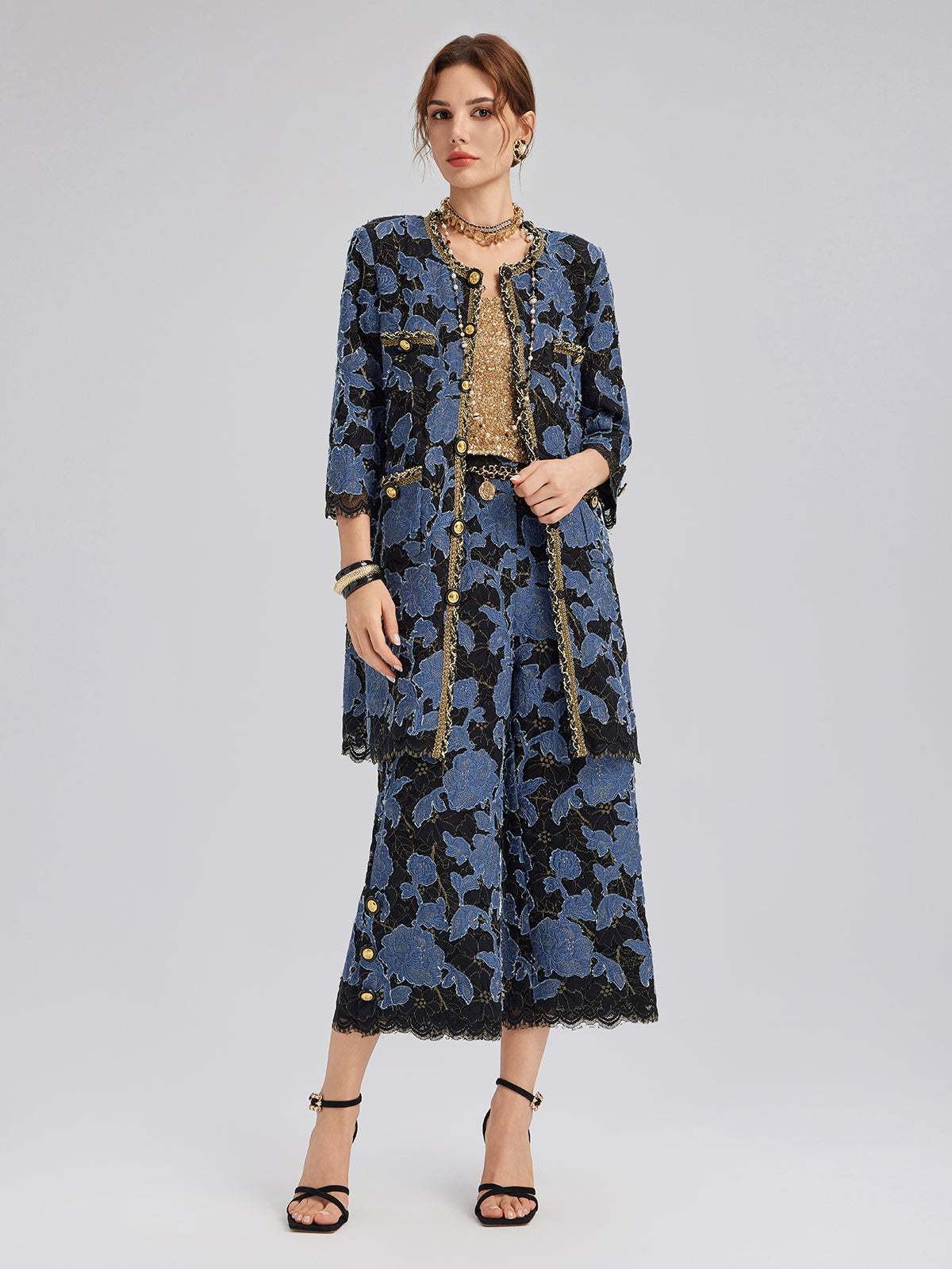 Hand-Sewn Ribbon Jacquard Lace Wide-Leg Pants