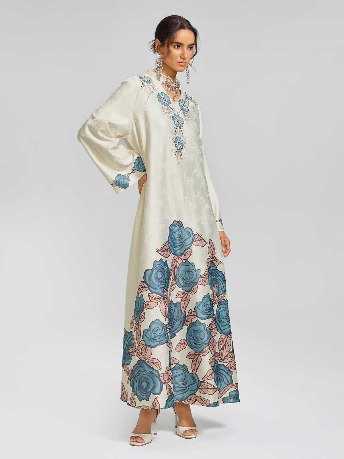 Pearl-Embellished Floral V-Neck Relaxed Dress