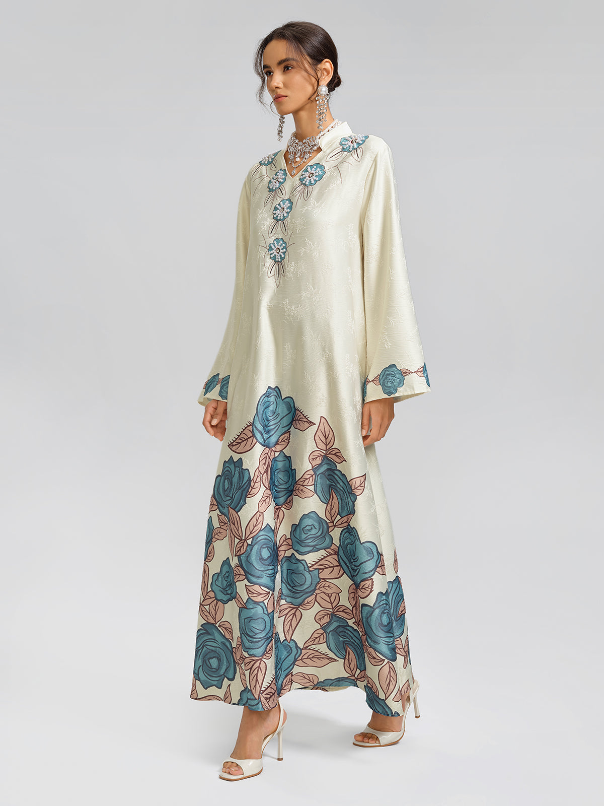 Pearl-Embellished Floral V-Neck Relaxed Dress