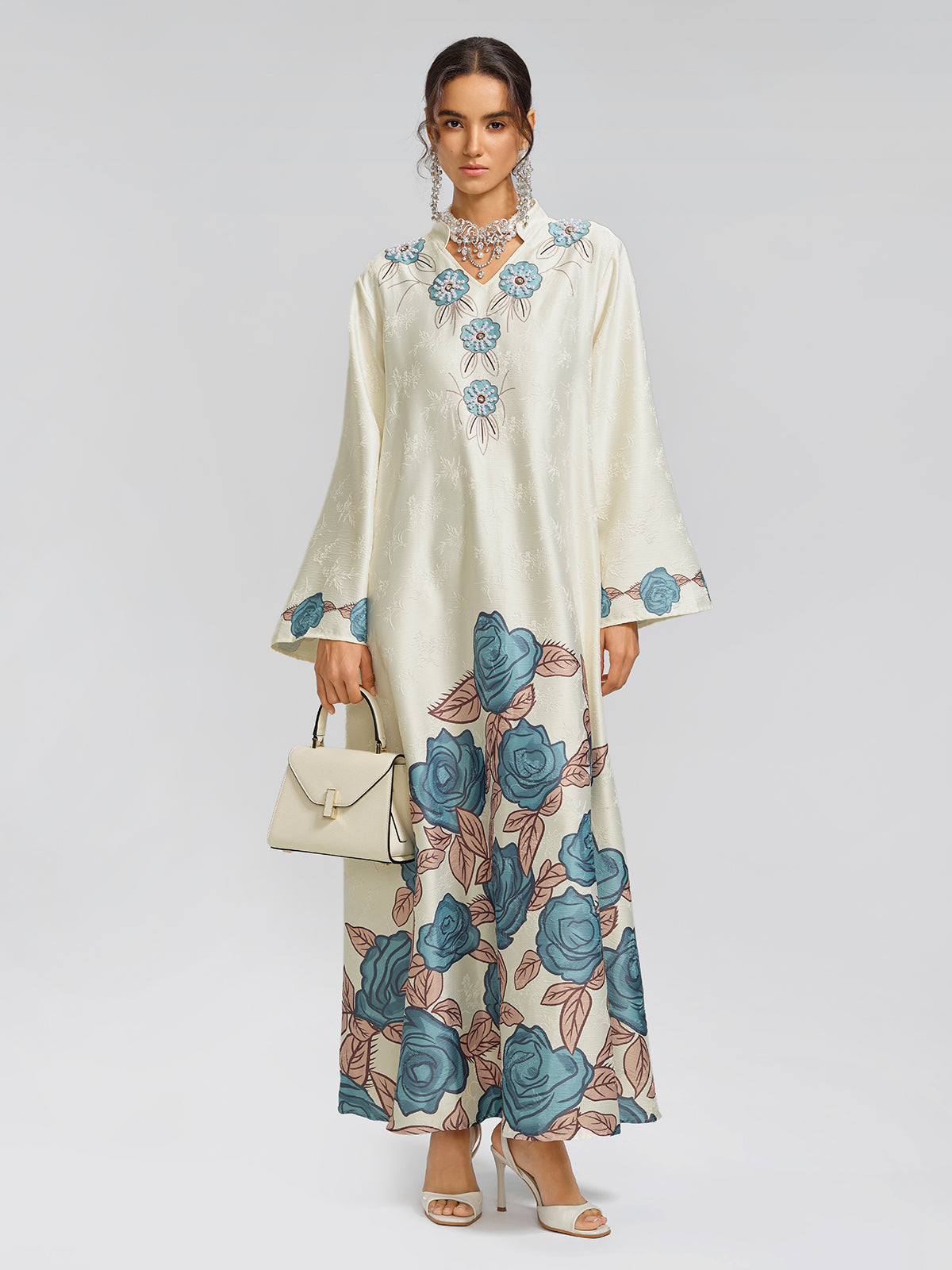 Pearl-Embellished Floral V-Neck Relaxed Dress