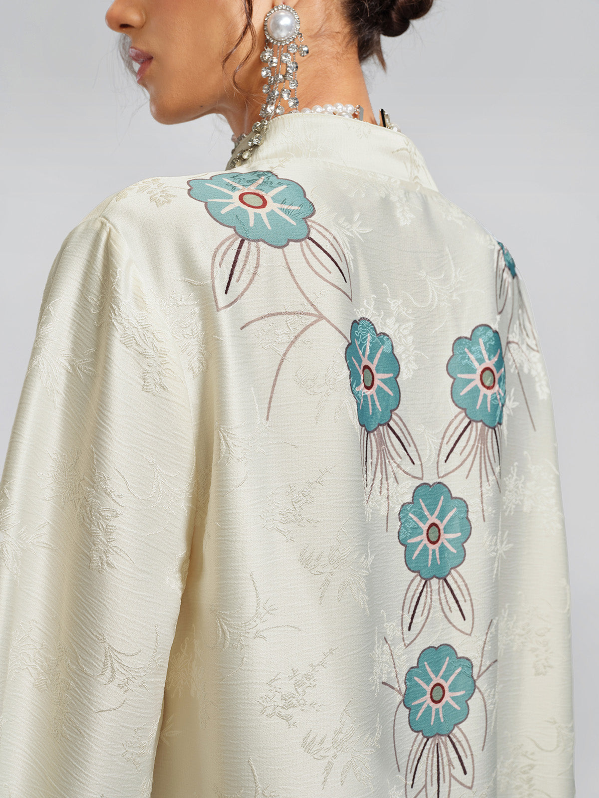 Pearl-Embellished Floral V-Neck Relaxed Dress