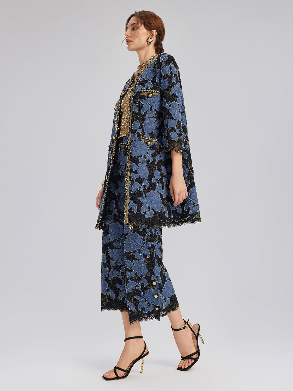Hand-Sewn Ribbon Jacquard Lace Wide-Leg Pants