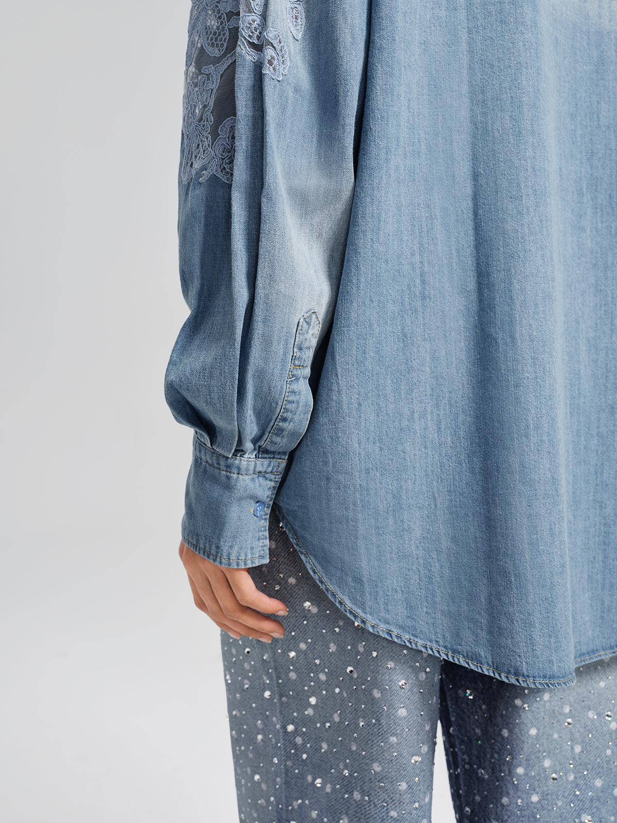 Final Sale | Floral Lace Panel Denim Shirt
