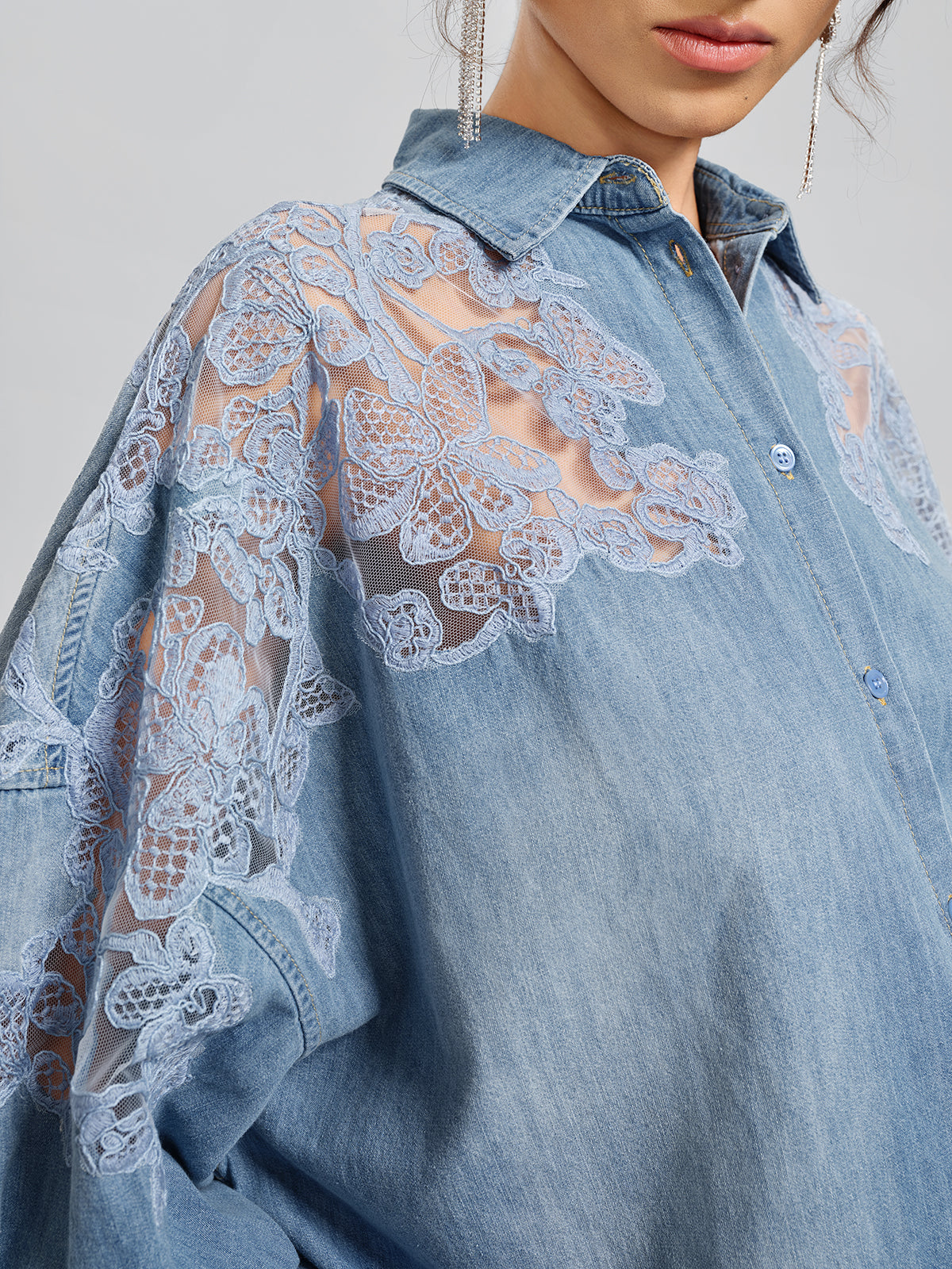 Final Sale | Floral Lace Panel Denim Shirt