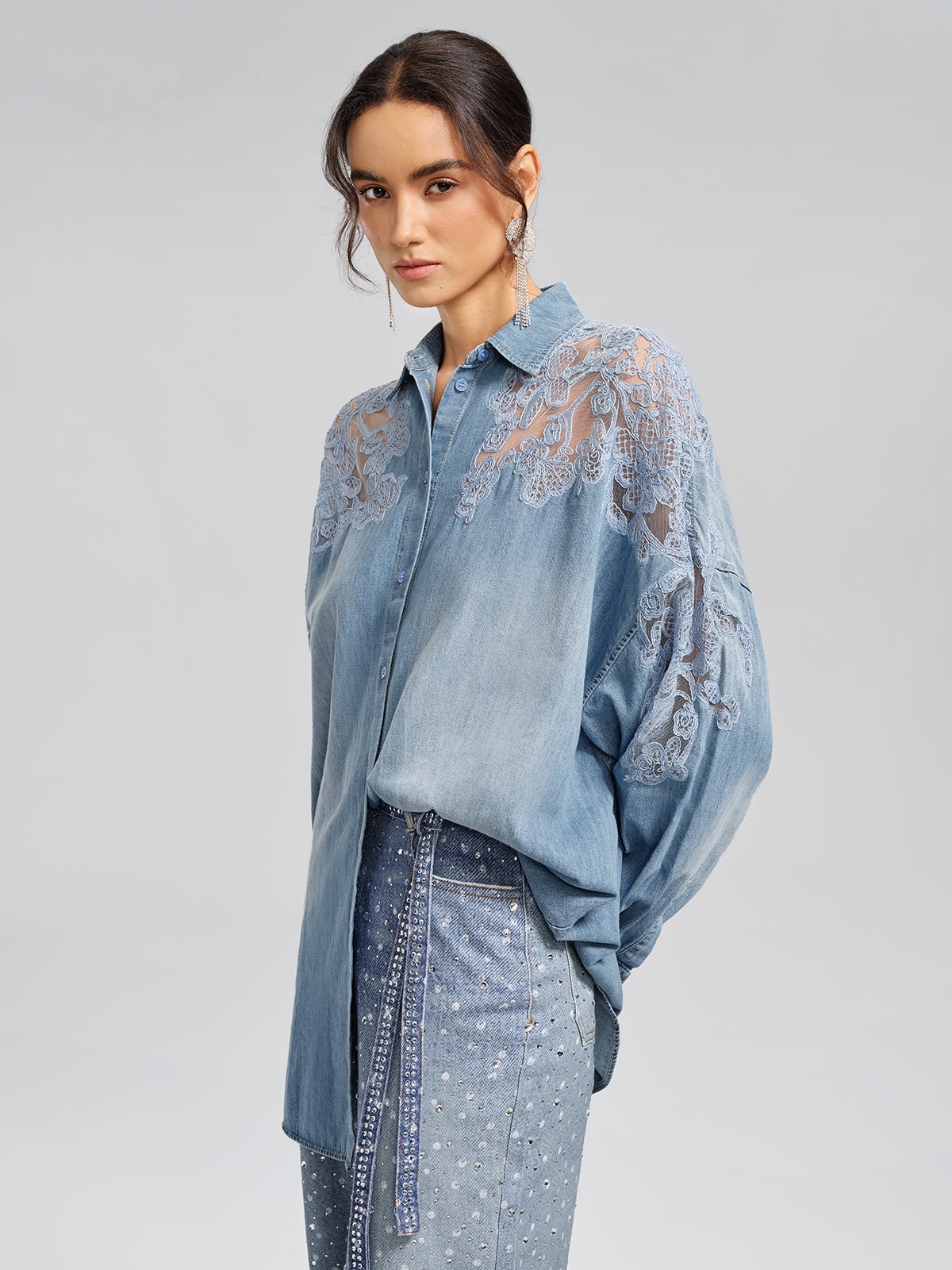 Final Sale | Floral Lace Panel Denim Shirt