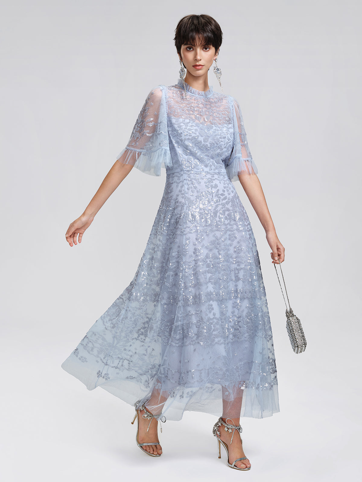 Sequin Embroidered Tulle Maxi Dress