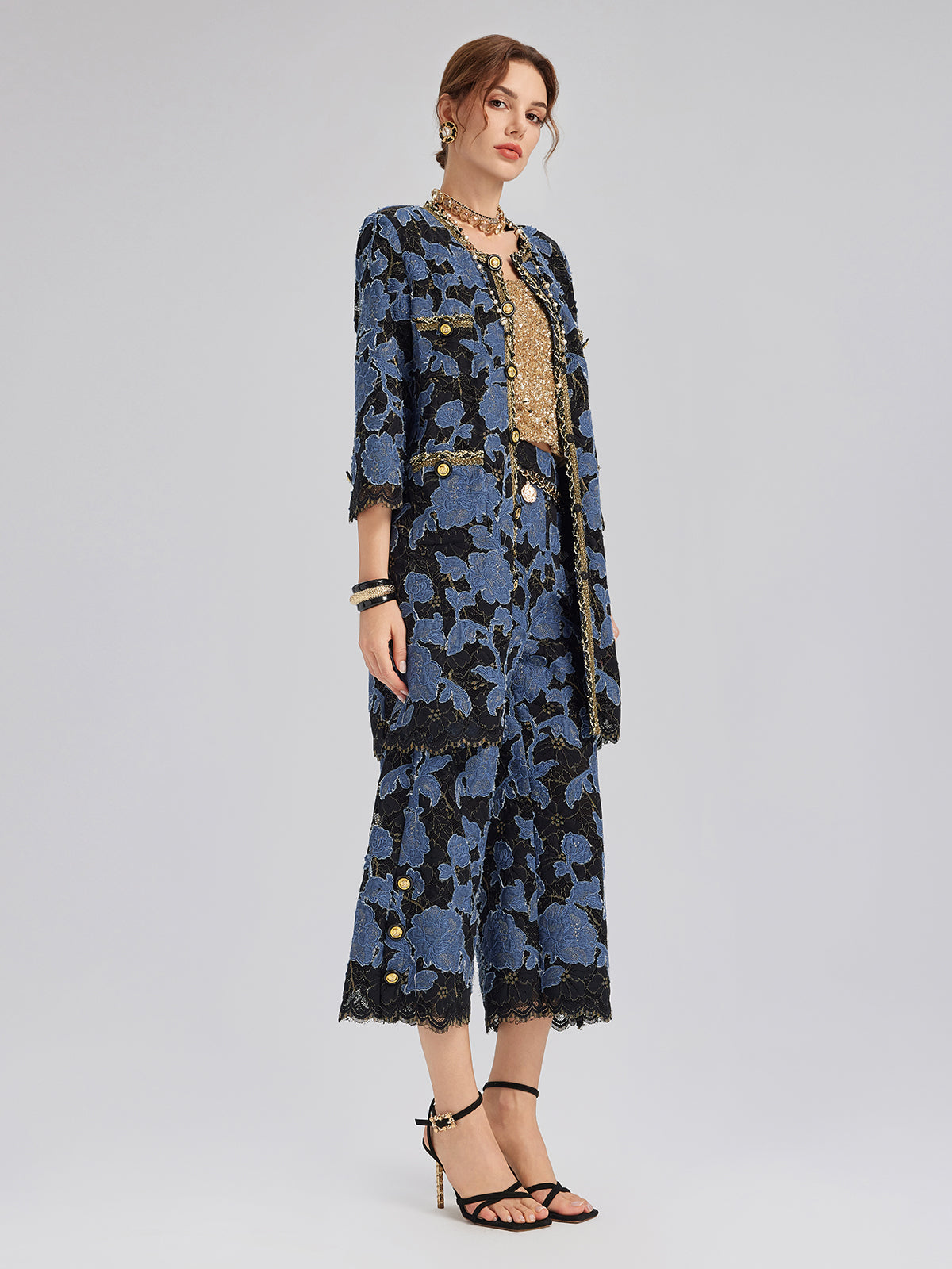 Hand-Sewn Ribbon Jacquard Lace Wide-Leg Pants