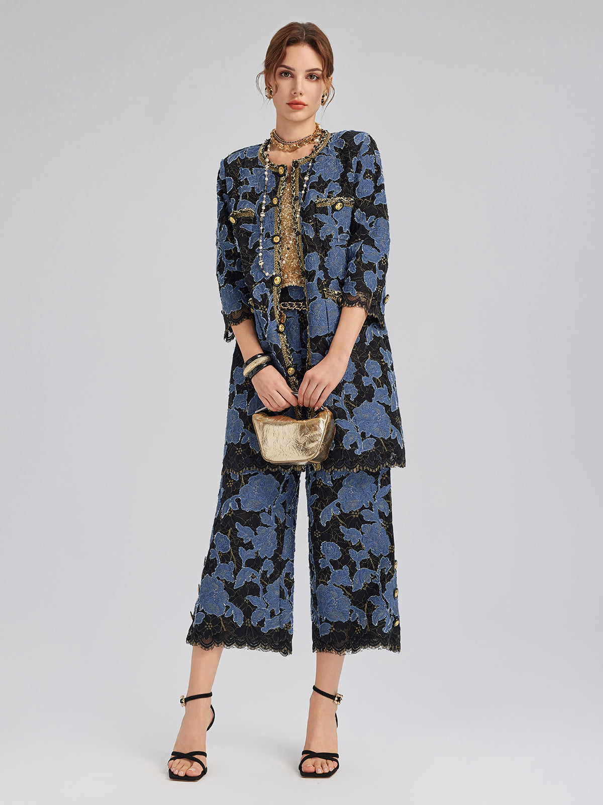 Hand-Sewn Ribbon Jacquard Lace Wide-Leg Pants