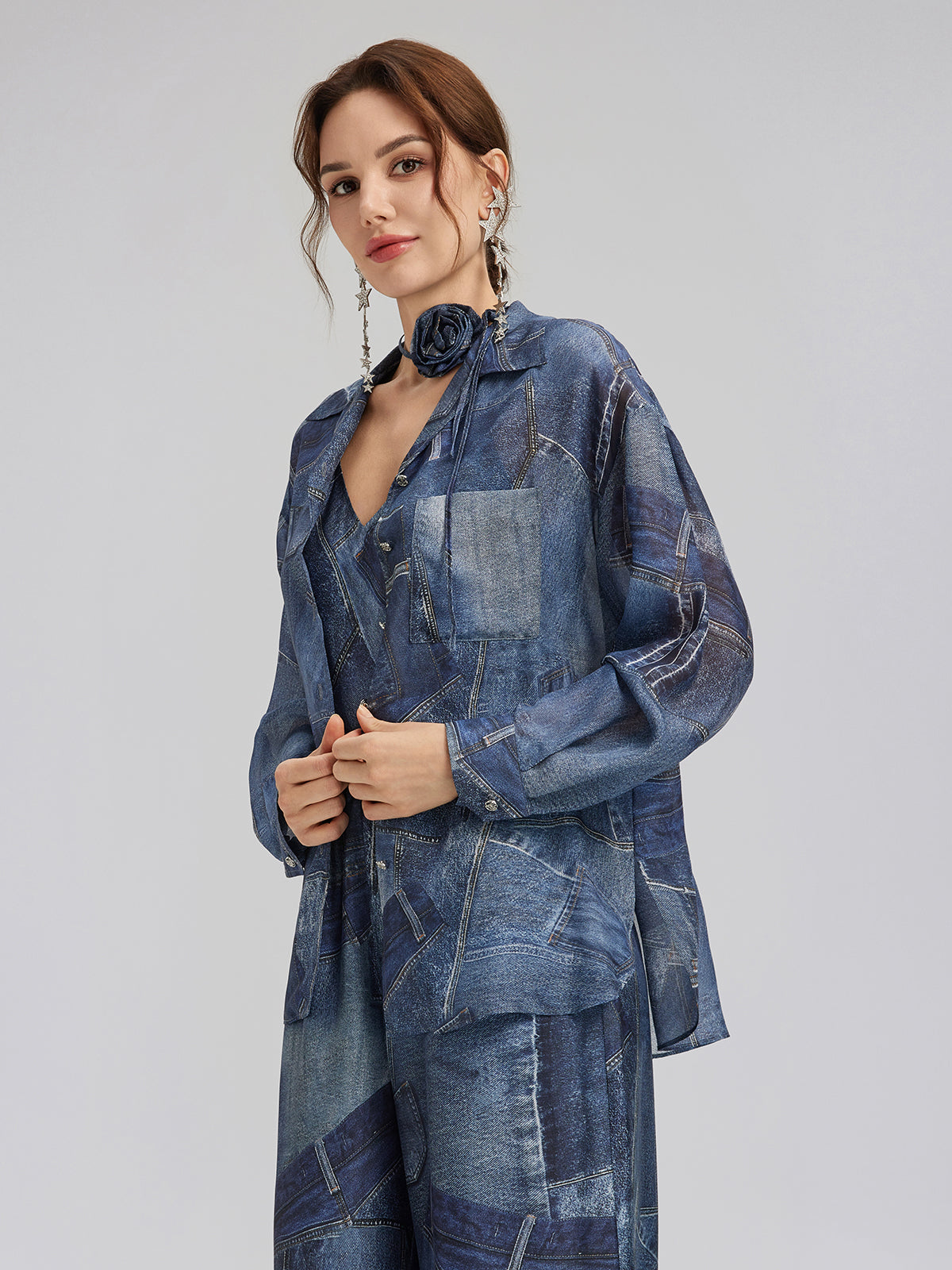Silk Chiffon Denim-Print Shirt