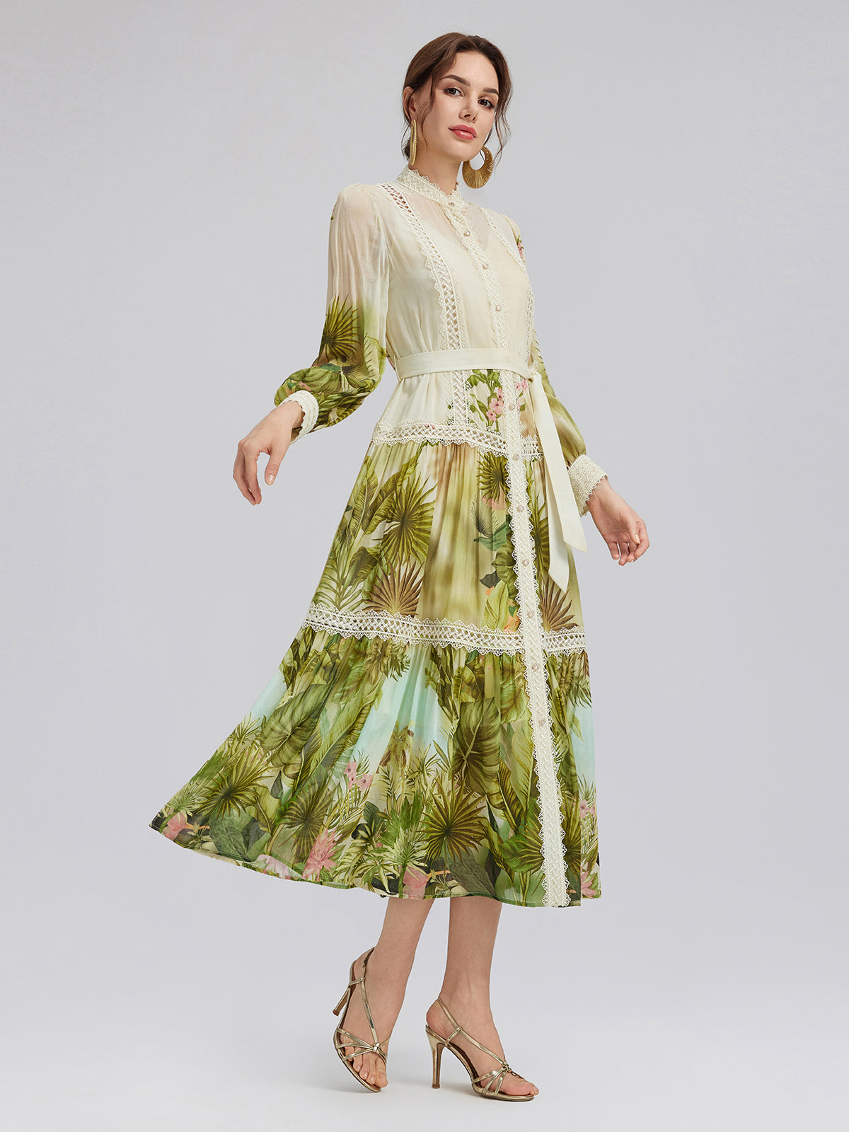 Final Sale | Tropical-Print Silk-Cotton Lace-Trim Dress (Two Belts Included)