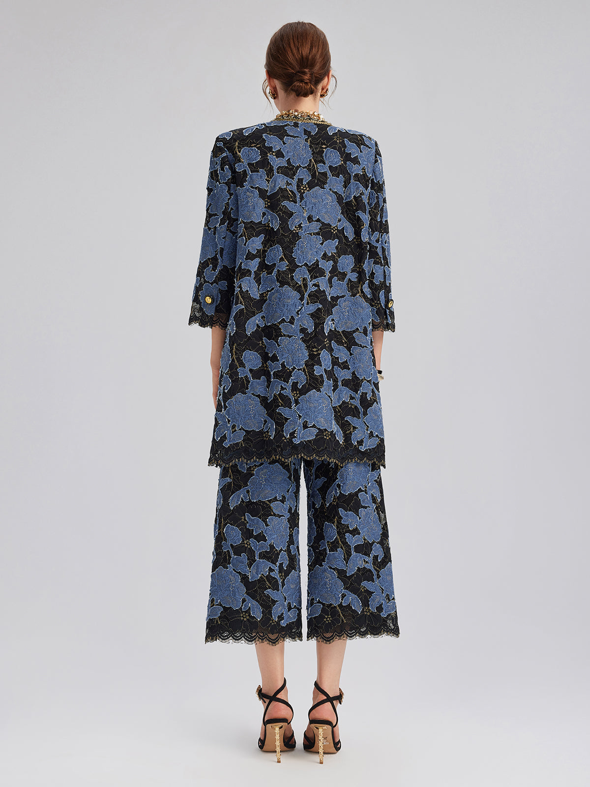 Hand-Sewn Ribbon Jacquard Lace Wide-Leg Pants