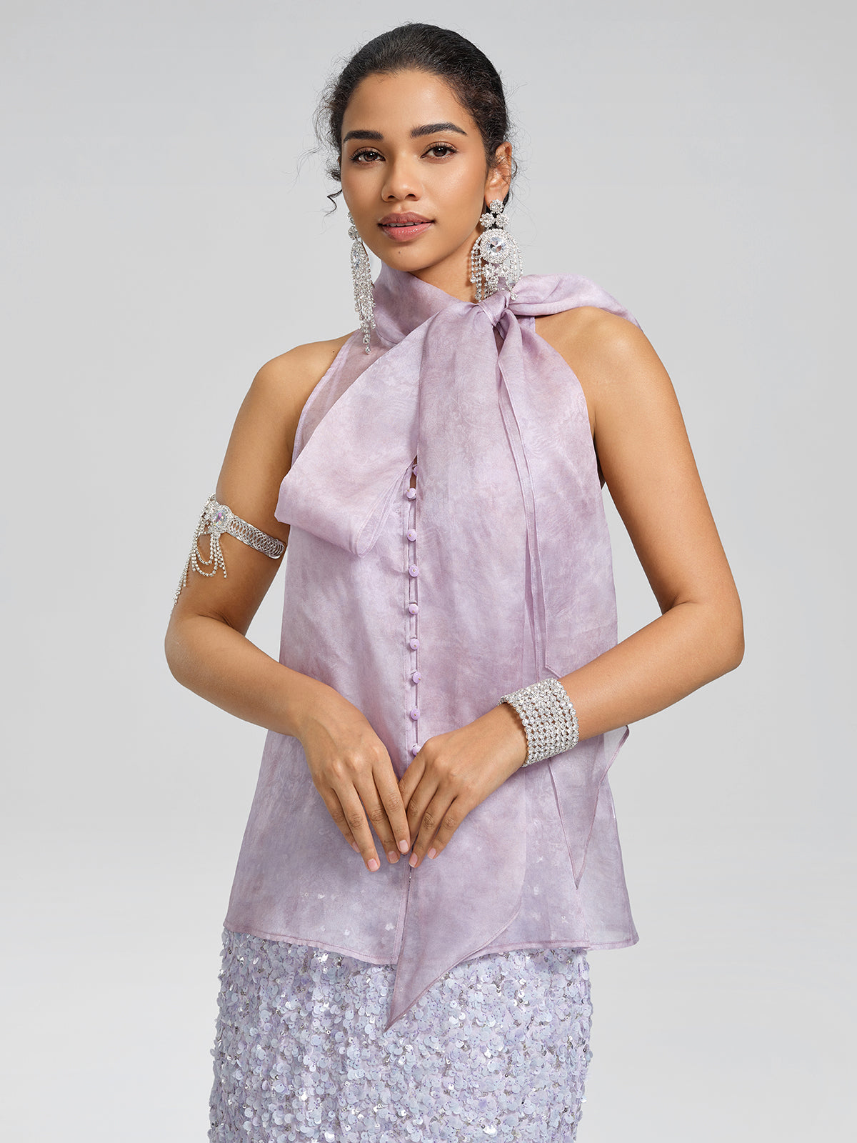 Mulberry Silk Tie-Neck Sleeveless Top (Camisole Included)