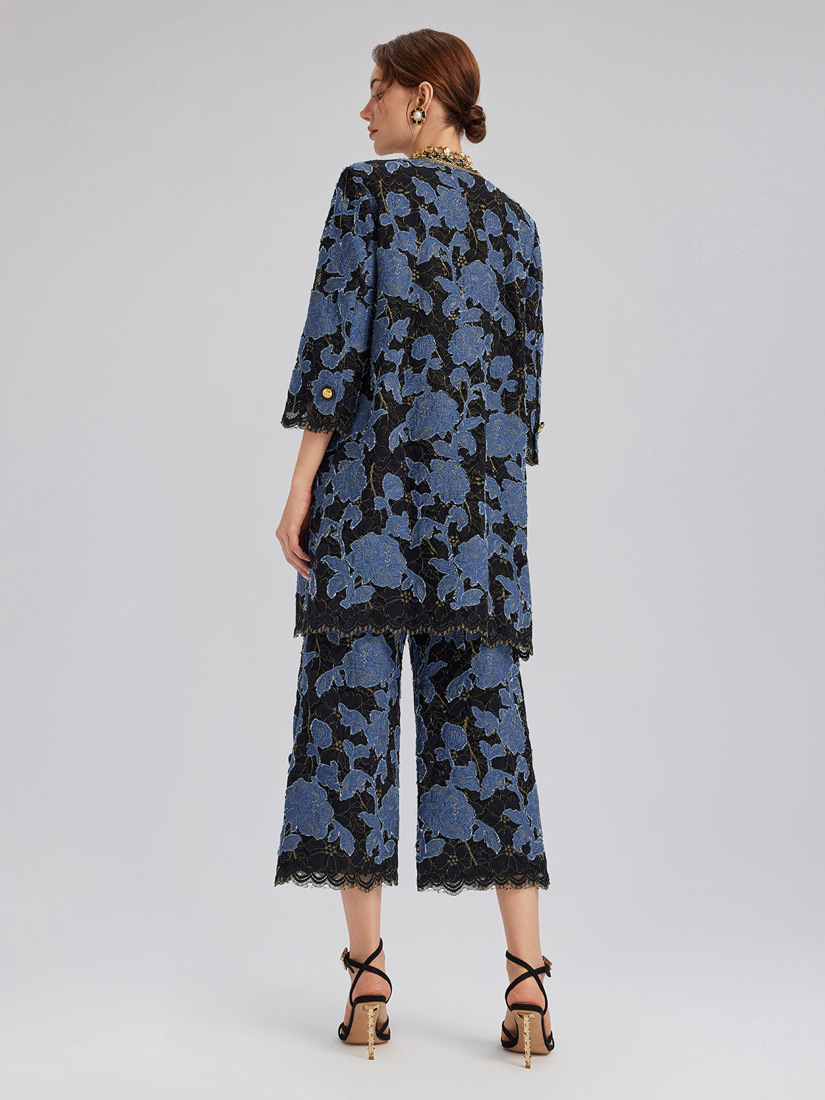 Hand-Sewn Ribbon Jacquard Lace Wide-Leg Pants