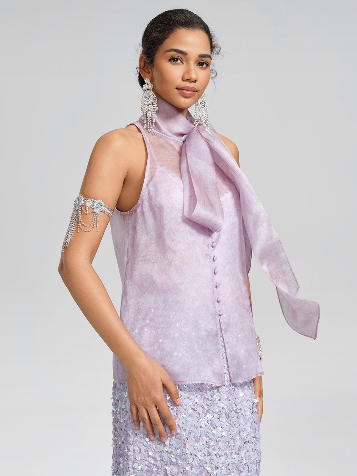 Mulberry Silk Tie-Neck Sleeveless Top (Camisole Included)