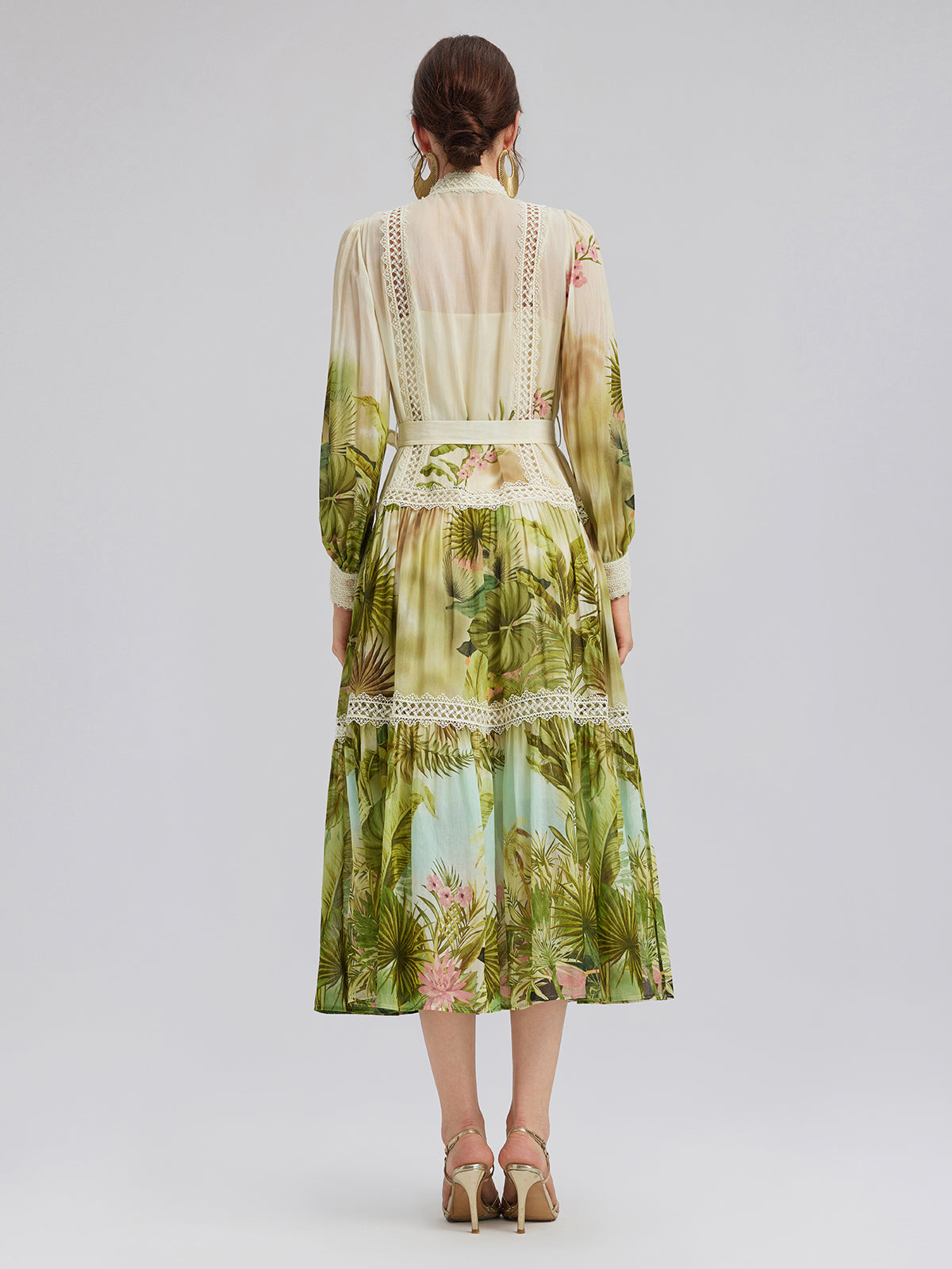 Tropical-Print Silk-Cotton Lace-Trim Dress (Two Belts Included)