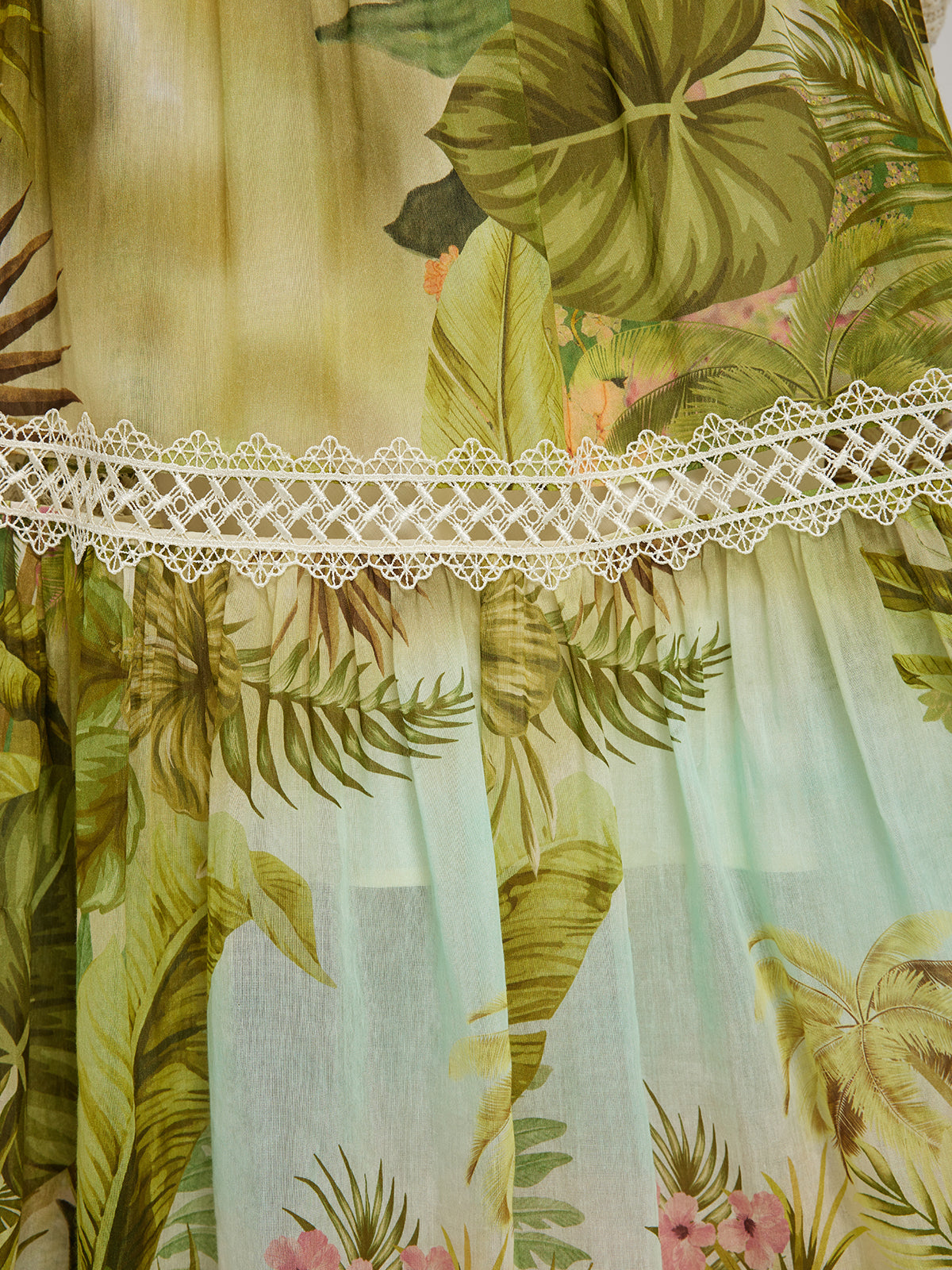 Final Sale | Tropical-Print Silk-Cotton Lace-Trim Dress (Two Belts Included)