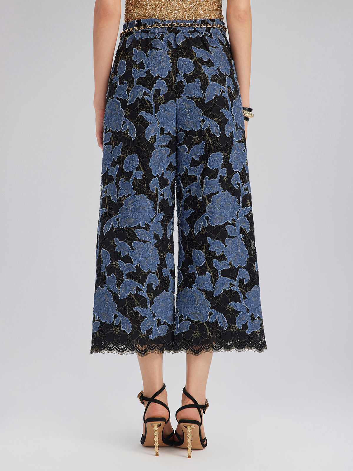 Hand-Sewn Ribbon Jacquard Lace Wide-Leg Pants