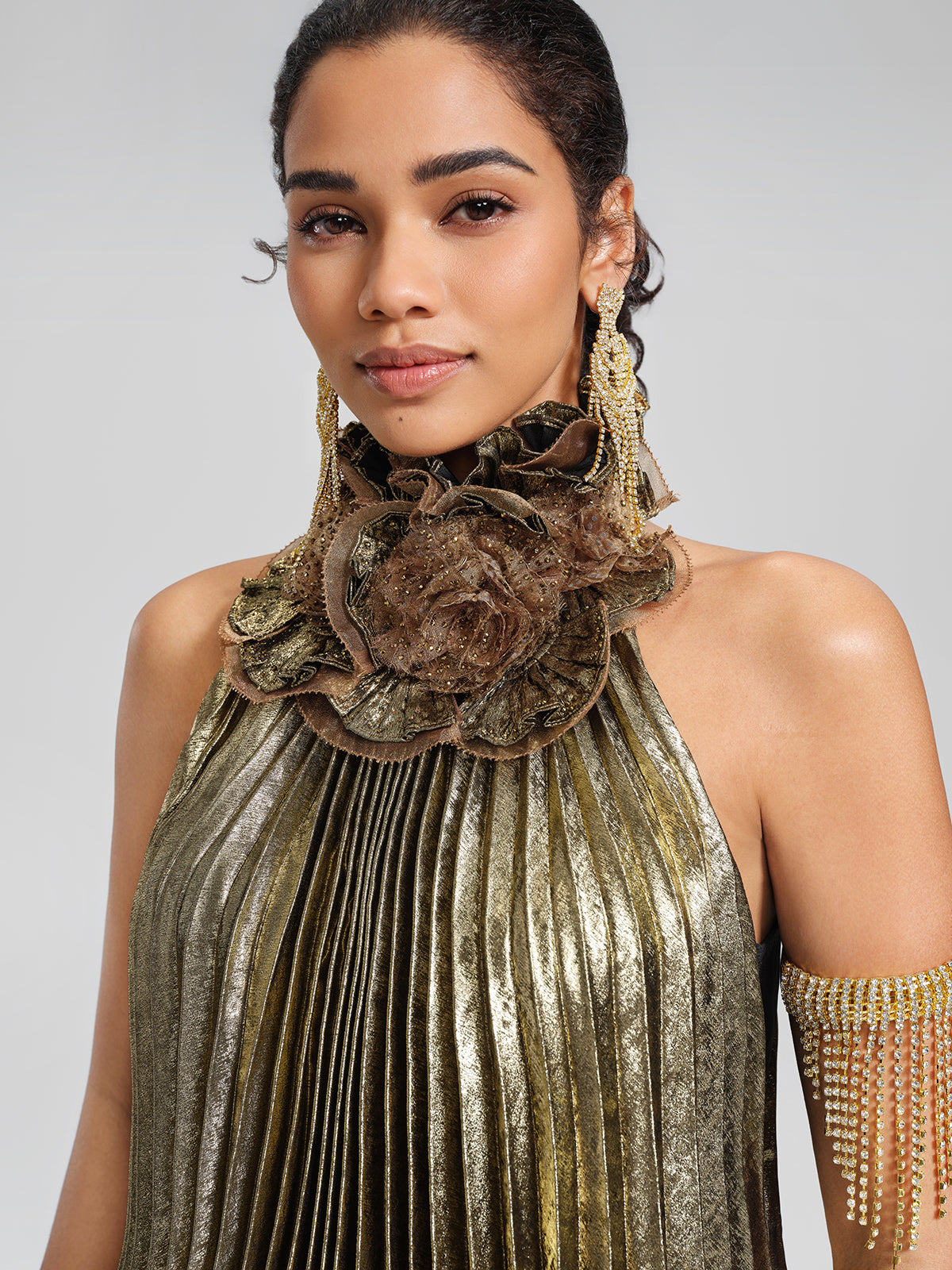Metallic Pleated Organza-Floral Blouse
