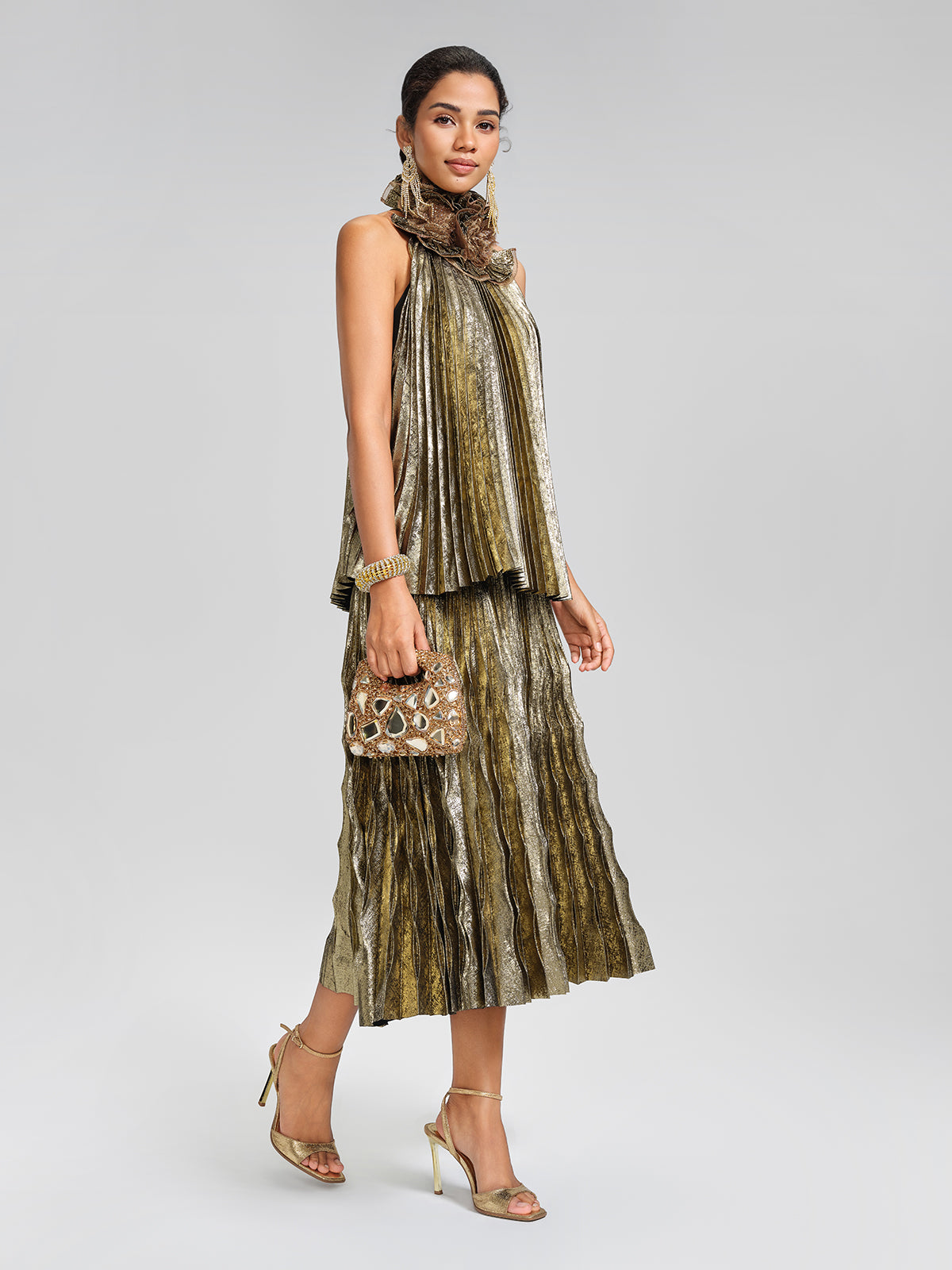 Metallic Pleated Elastic-Waist A-Line Skirt