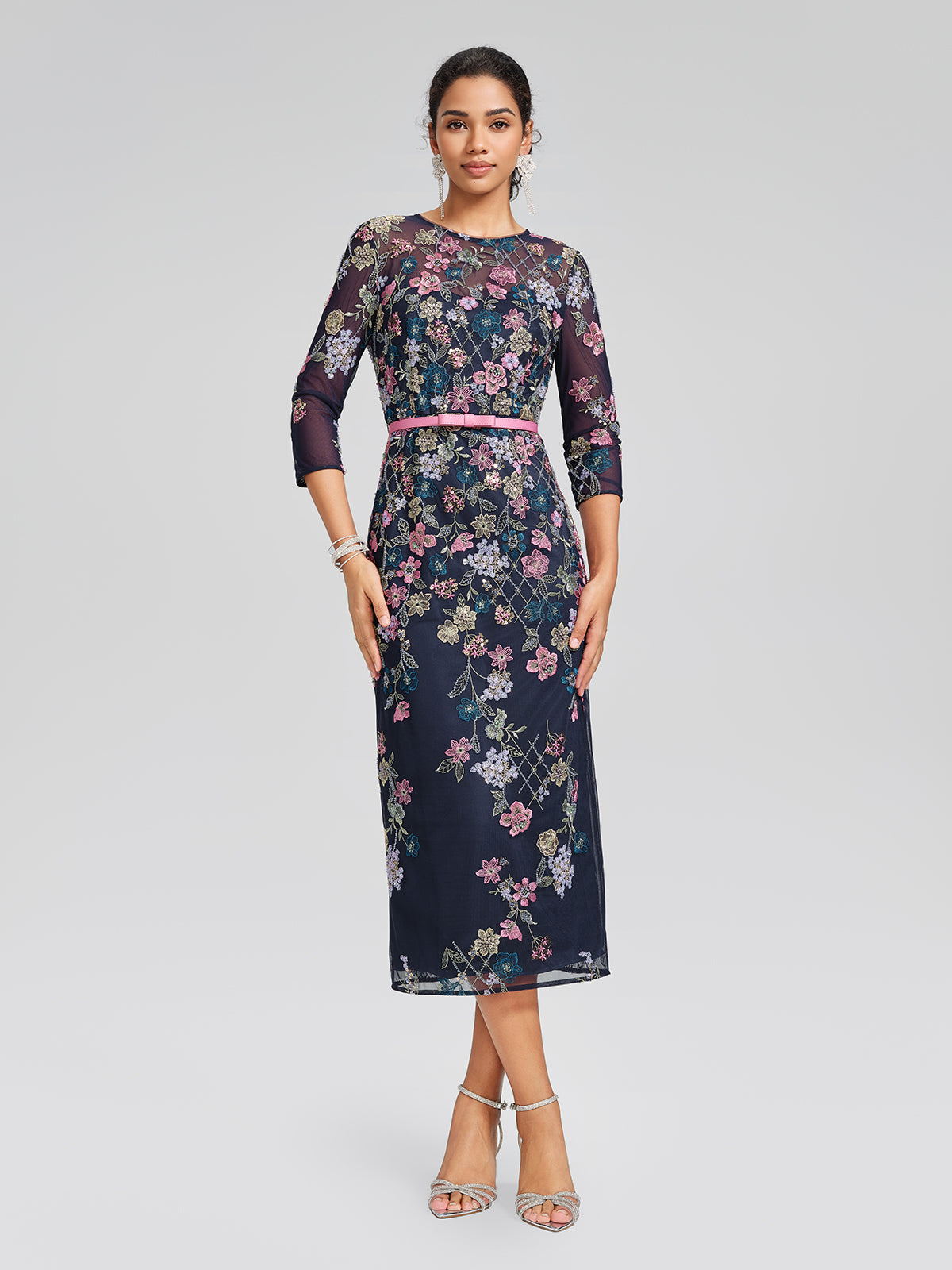 Sequin Embroidered Floral Tulle Dress(Waist Tie Included)