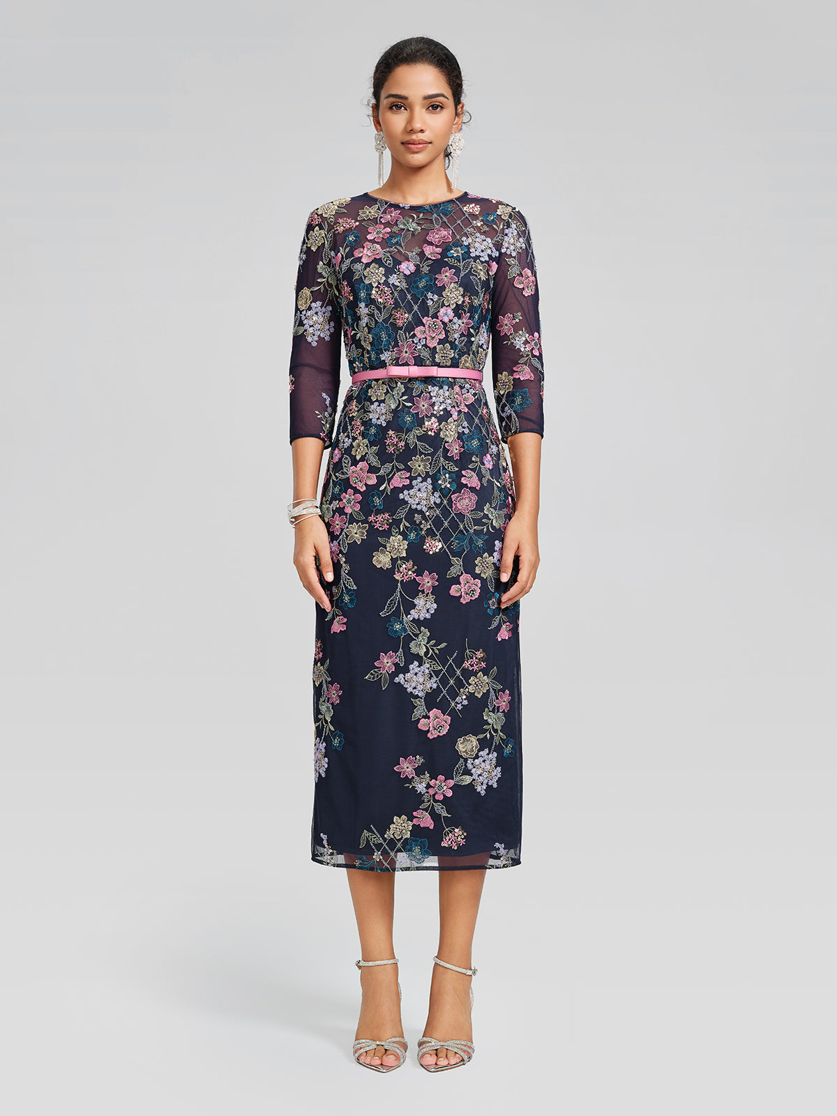 Sequin Embroidered Floral Tulle Dress(Waist Tie Included)
