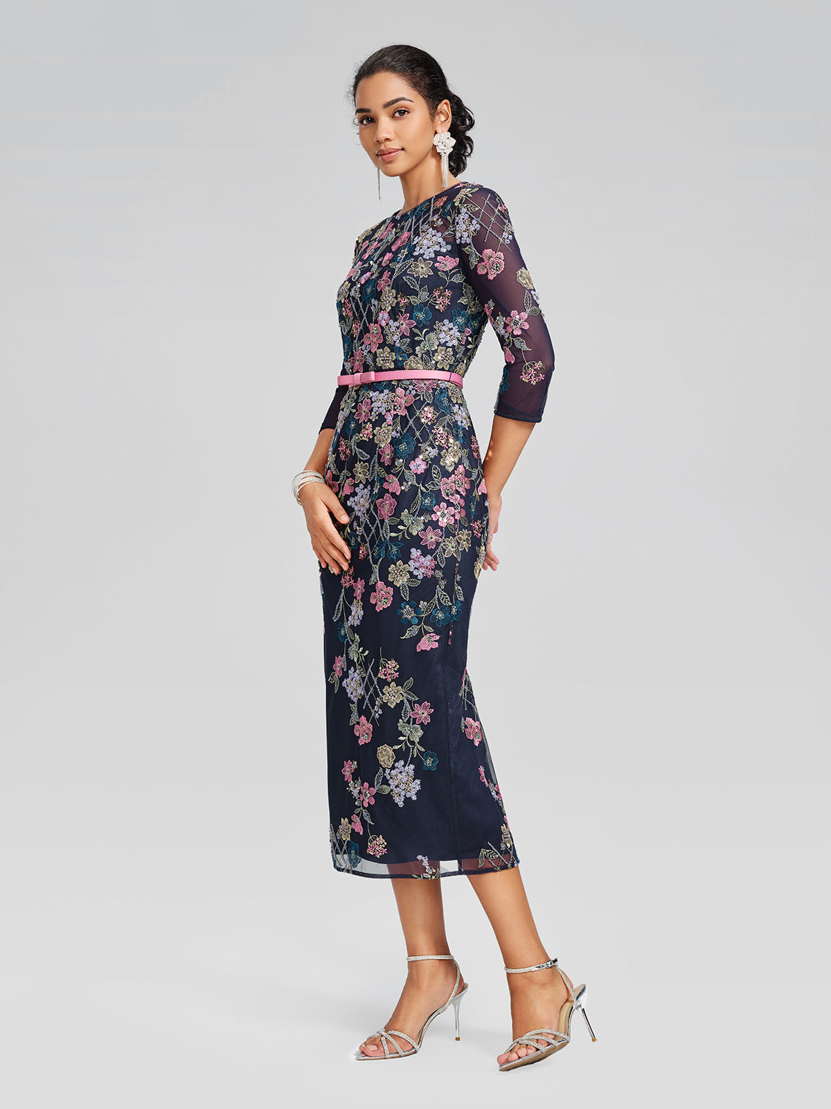 Sequin Embroidered Floral Tulle Dress(Waist Tie Included)