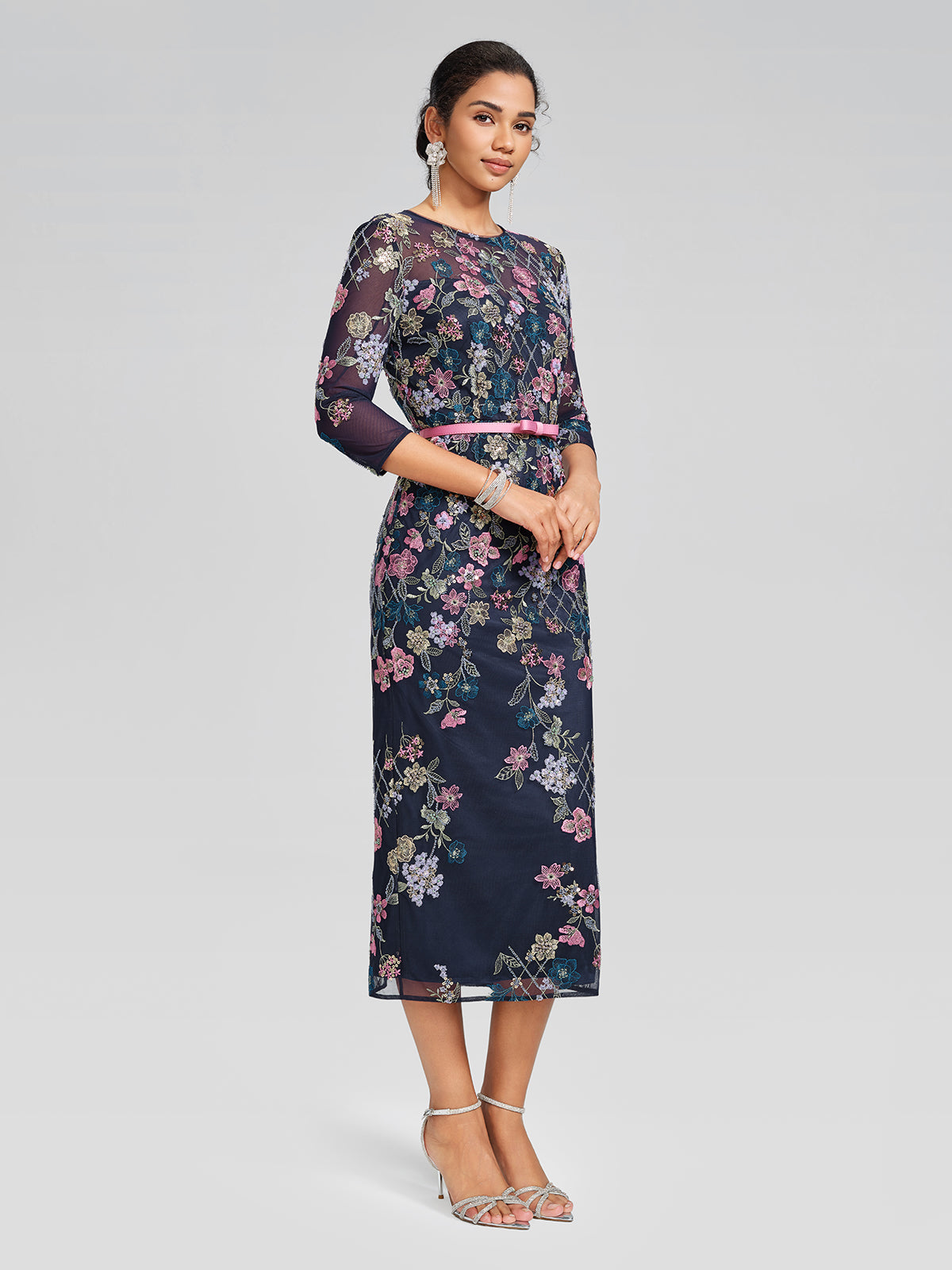 Sequin Embroidered Floral Tulle Dress(Waist Tie Included)