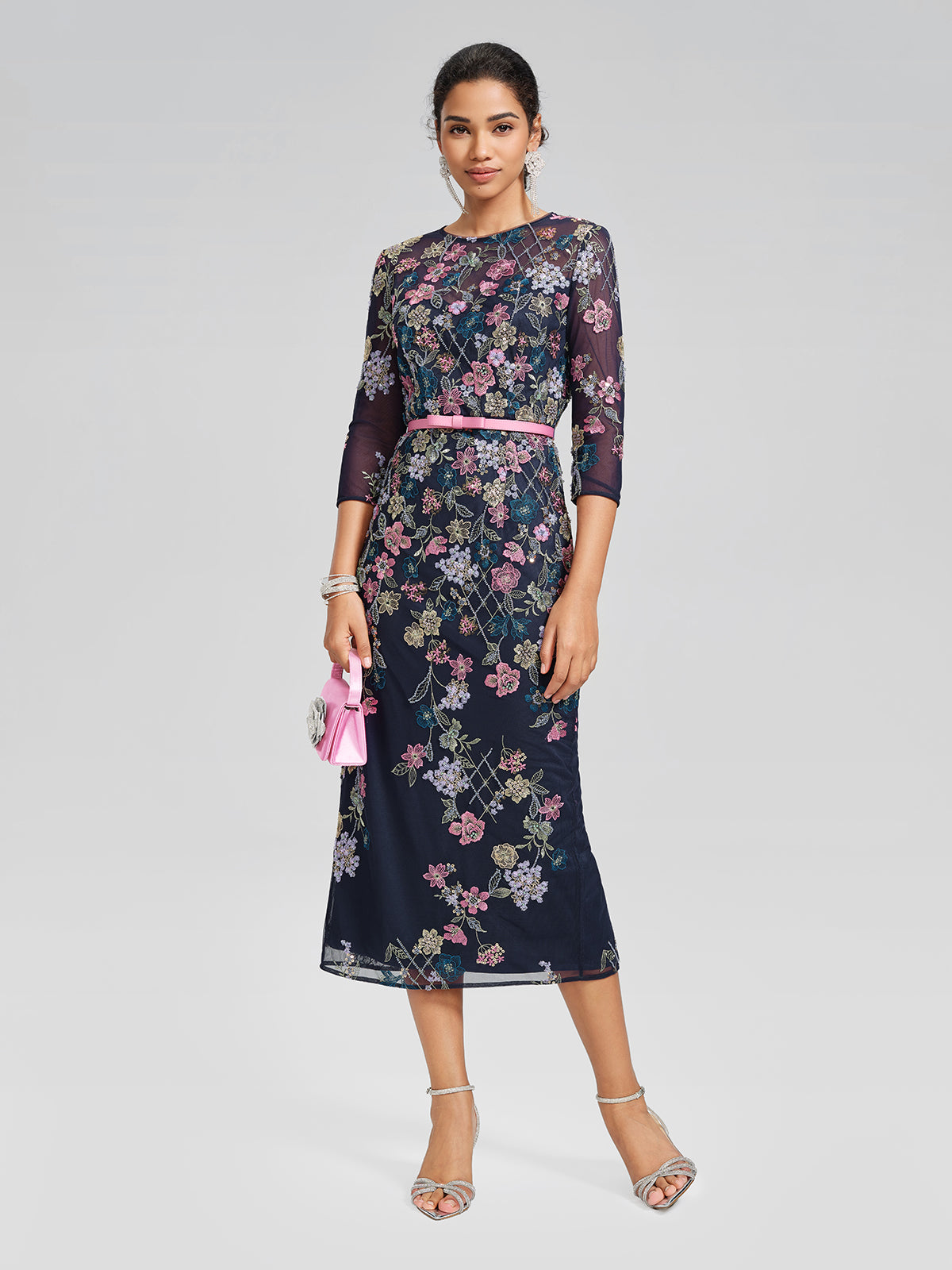Sequin Embroidered Floral Tulle Dress(Waist Tie Included)