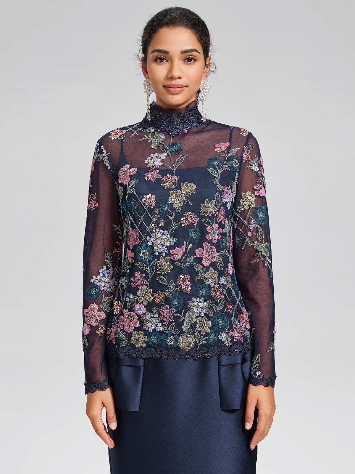 Beaded Floral Embroidery Lace-Panel Blouse (Camisole Included