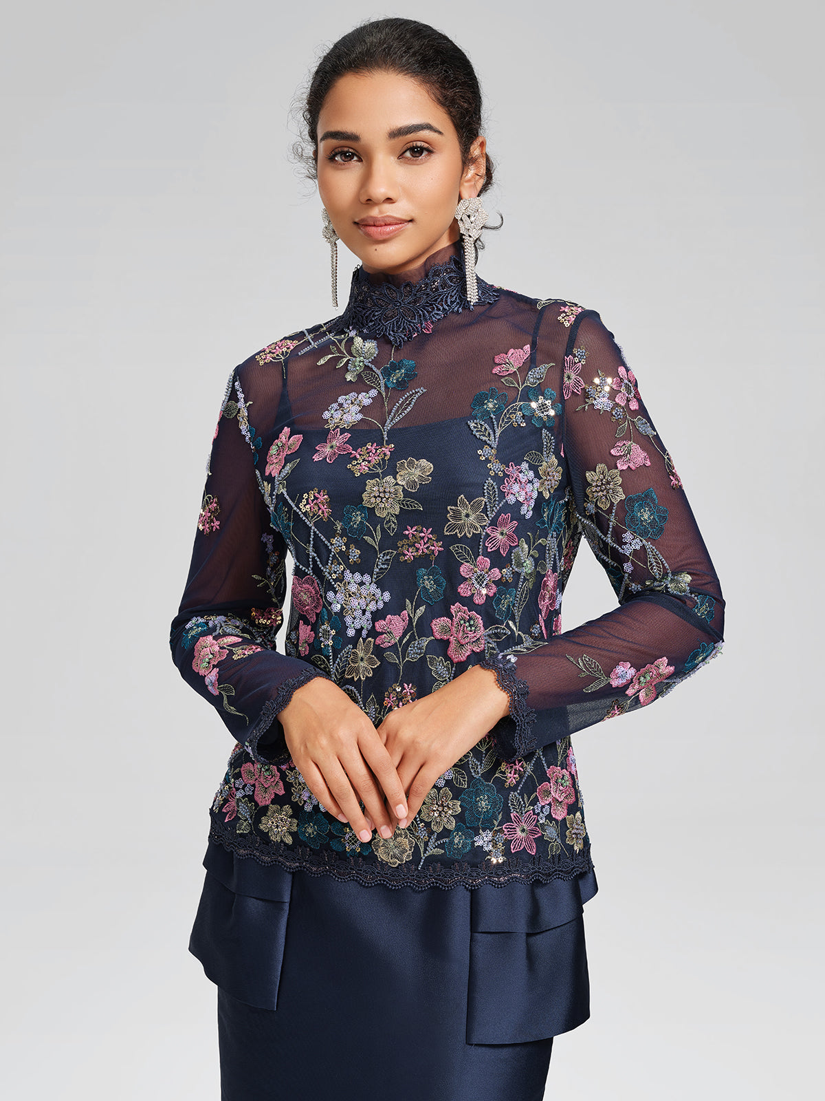 Beaded Floral Embroidery Lace-Panel Blouse (Camisole Included)