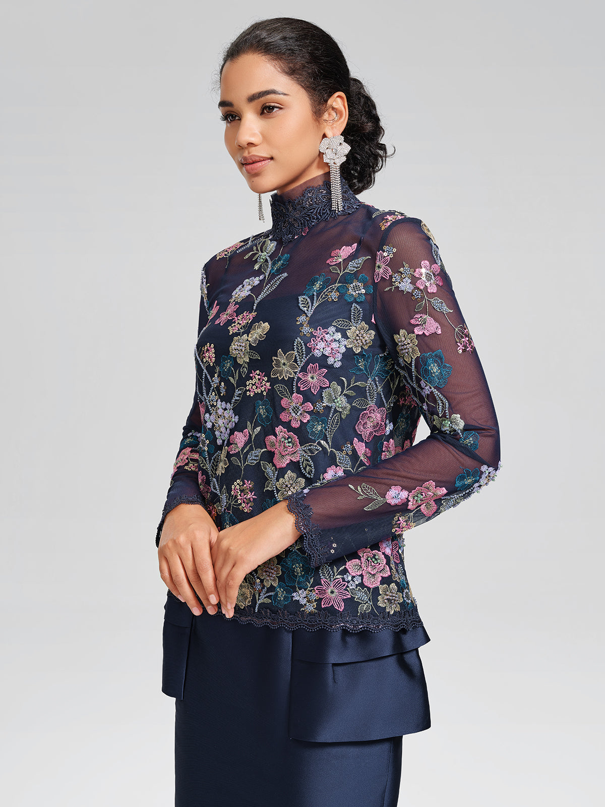 Beaded Floral Embroidery Lace-Panel Blouse (Camisole Included)