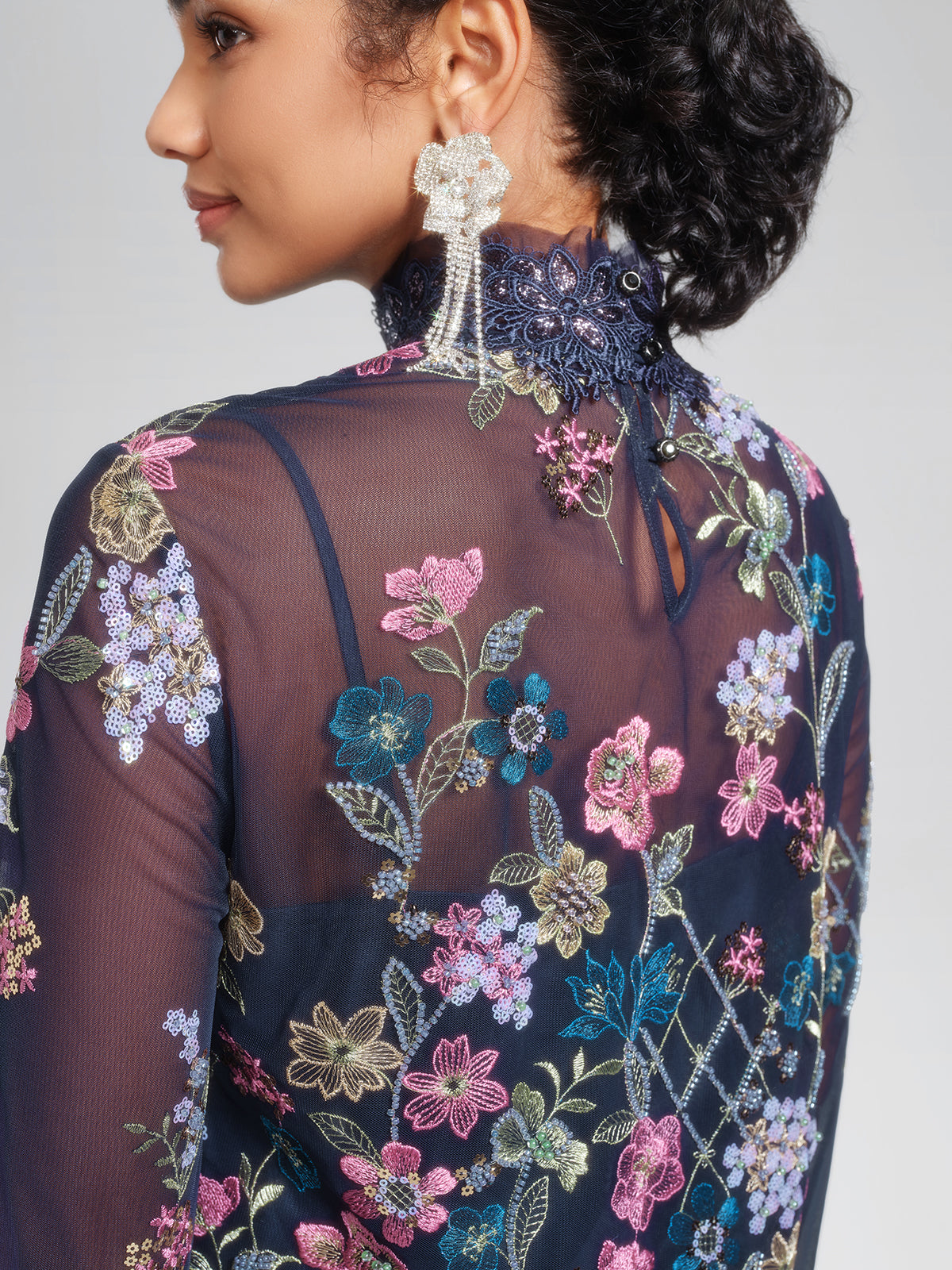 Beaded Floral Embroidery Lace-Panel Blouse (Camisole Included)
