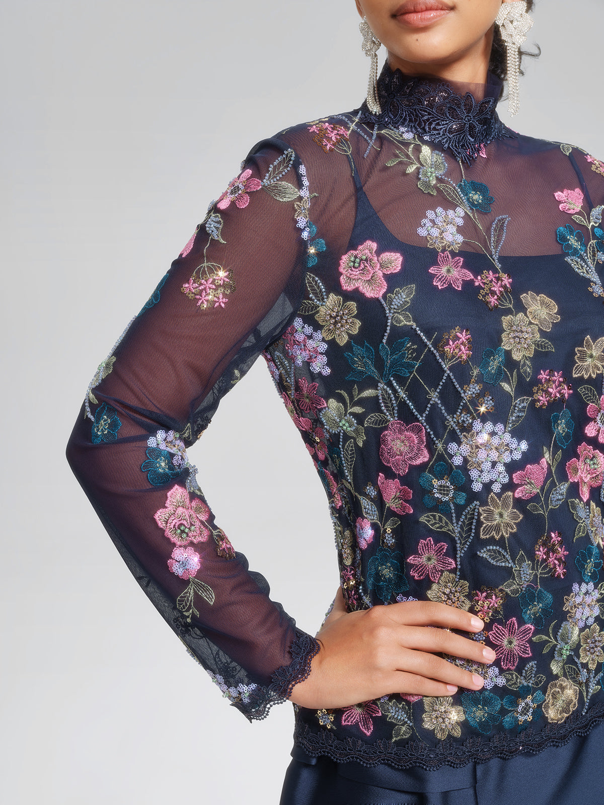 Beaded Floral Embroidery Lace-Panel Blouse (Camisole Included)