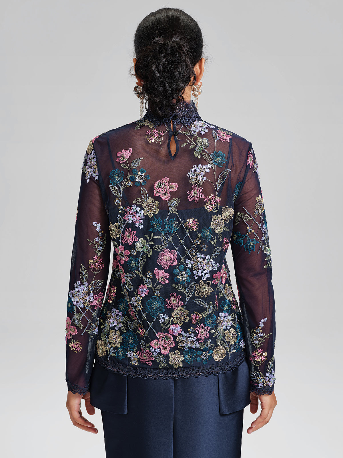 Beaded Floral Embroidery Lace-Panel Blouse (Camisole Included)