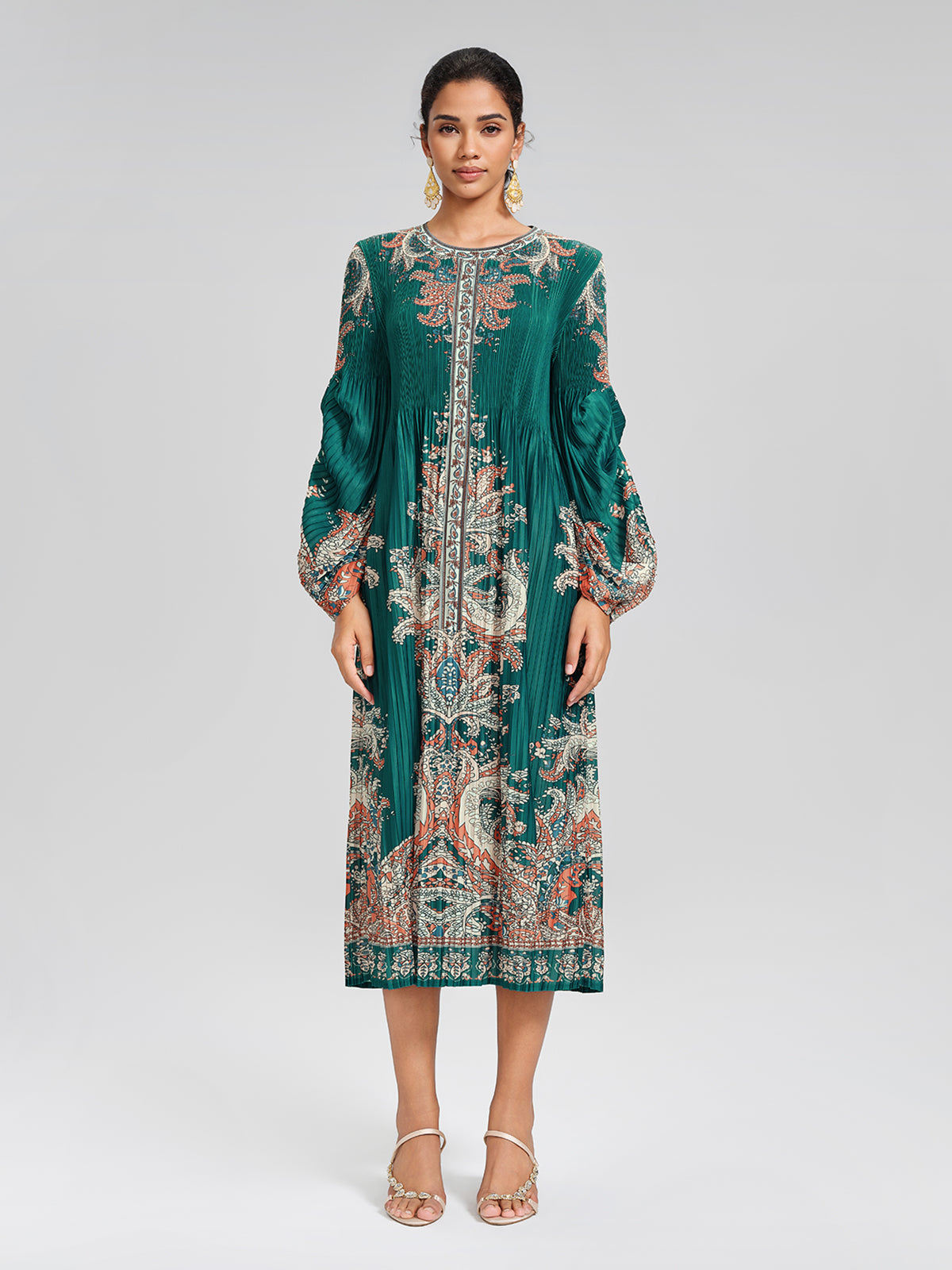 Printed Pleated Lantern Sleeve Dress