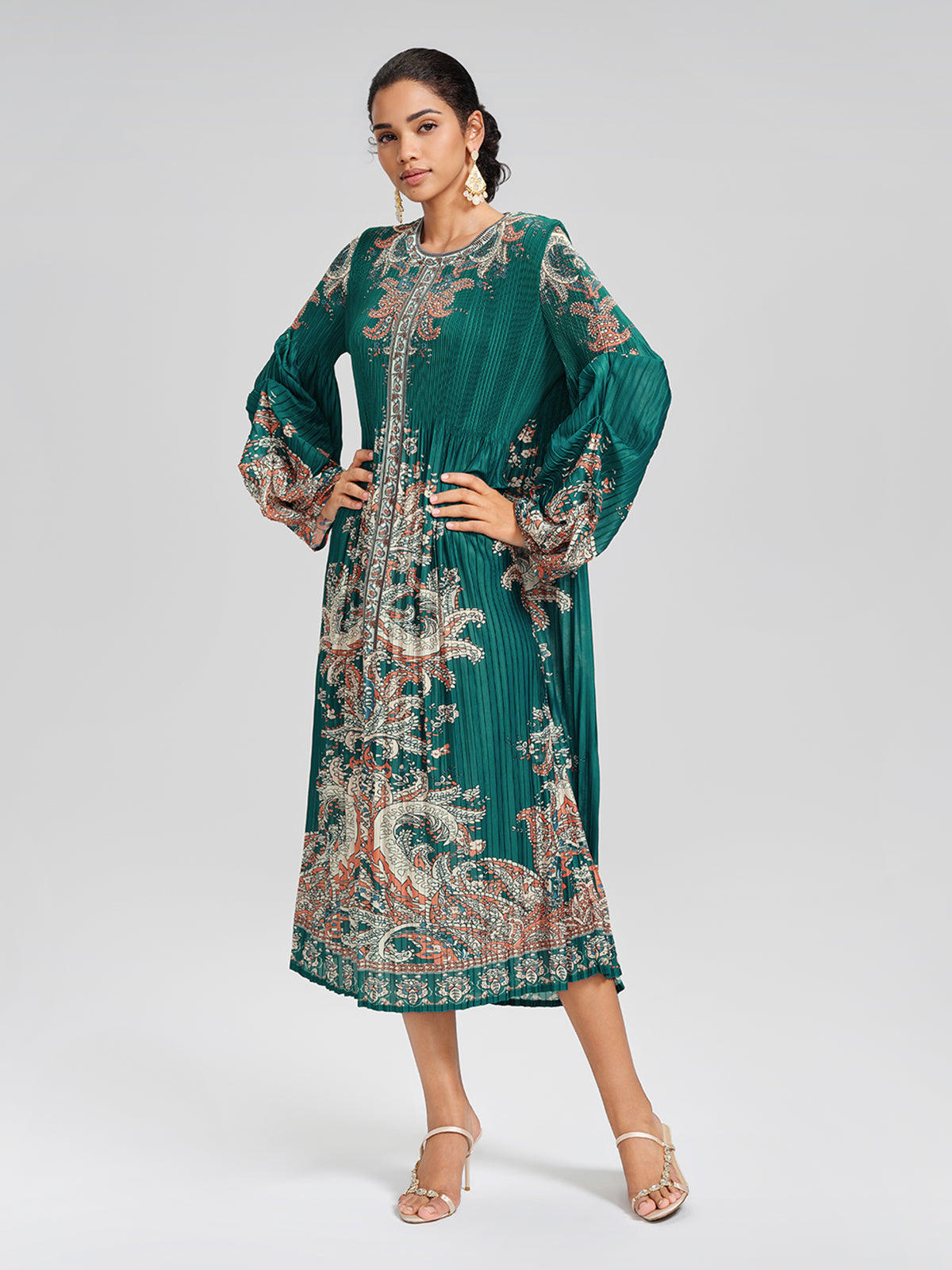 Printed Pleated Lantern Sleeve Dress