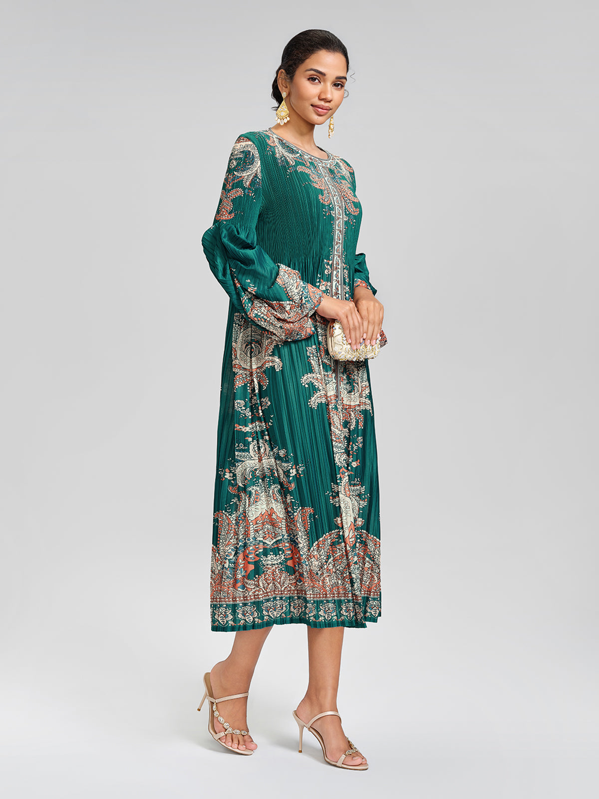 Printed Pleated Lantern Sleeve Dress