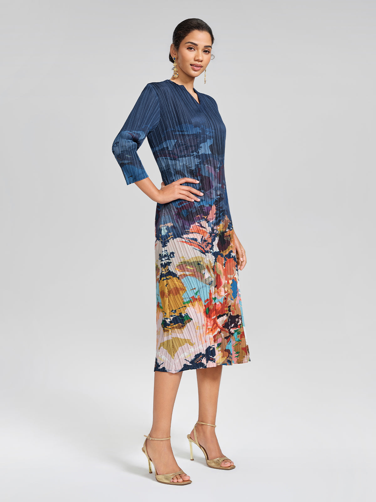 Stretch Pleated Asymmetric Artistic Print Dress