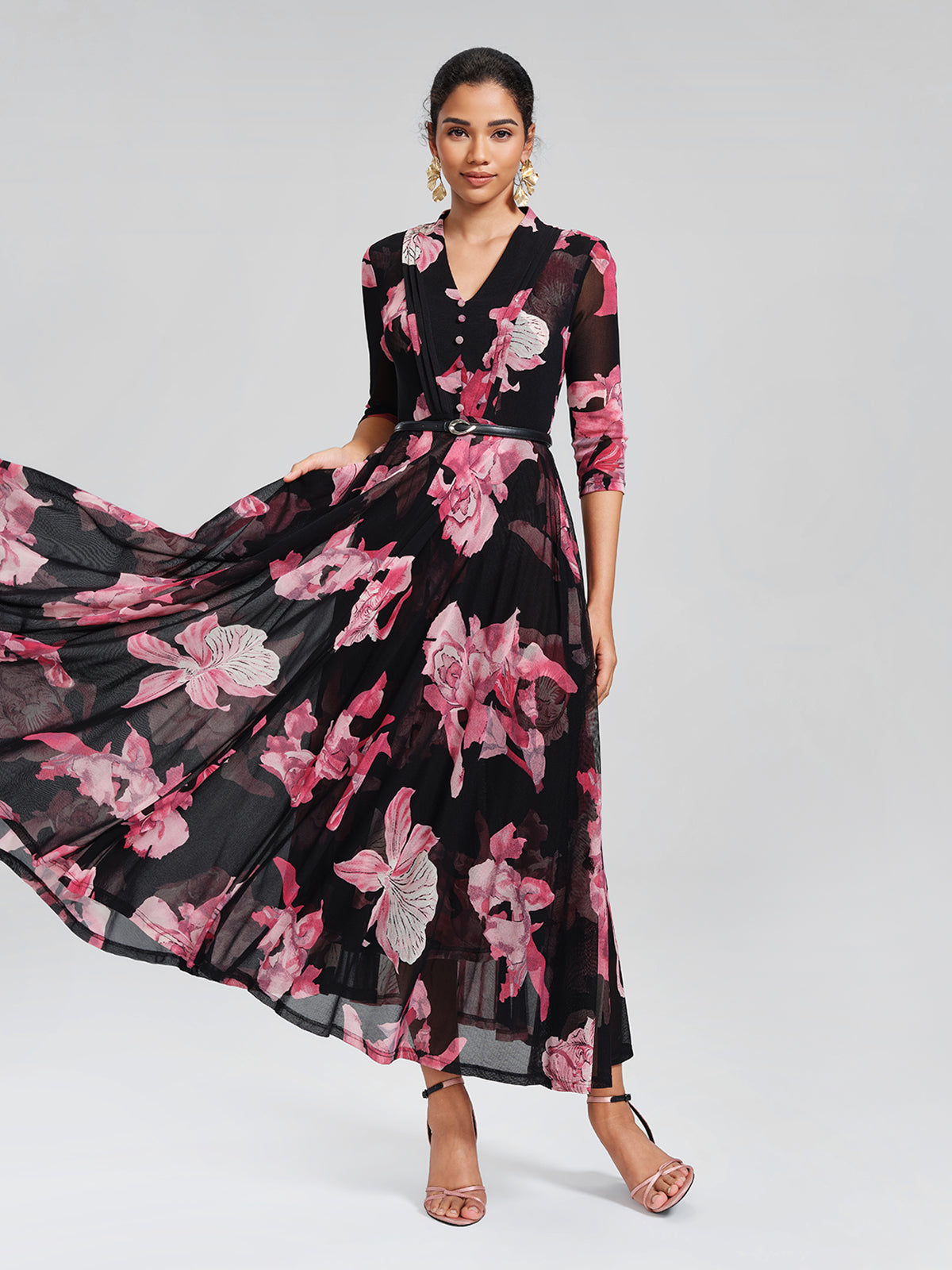 Floral Mesh Pleated V-Neck Dress (Belt Included)