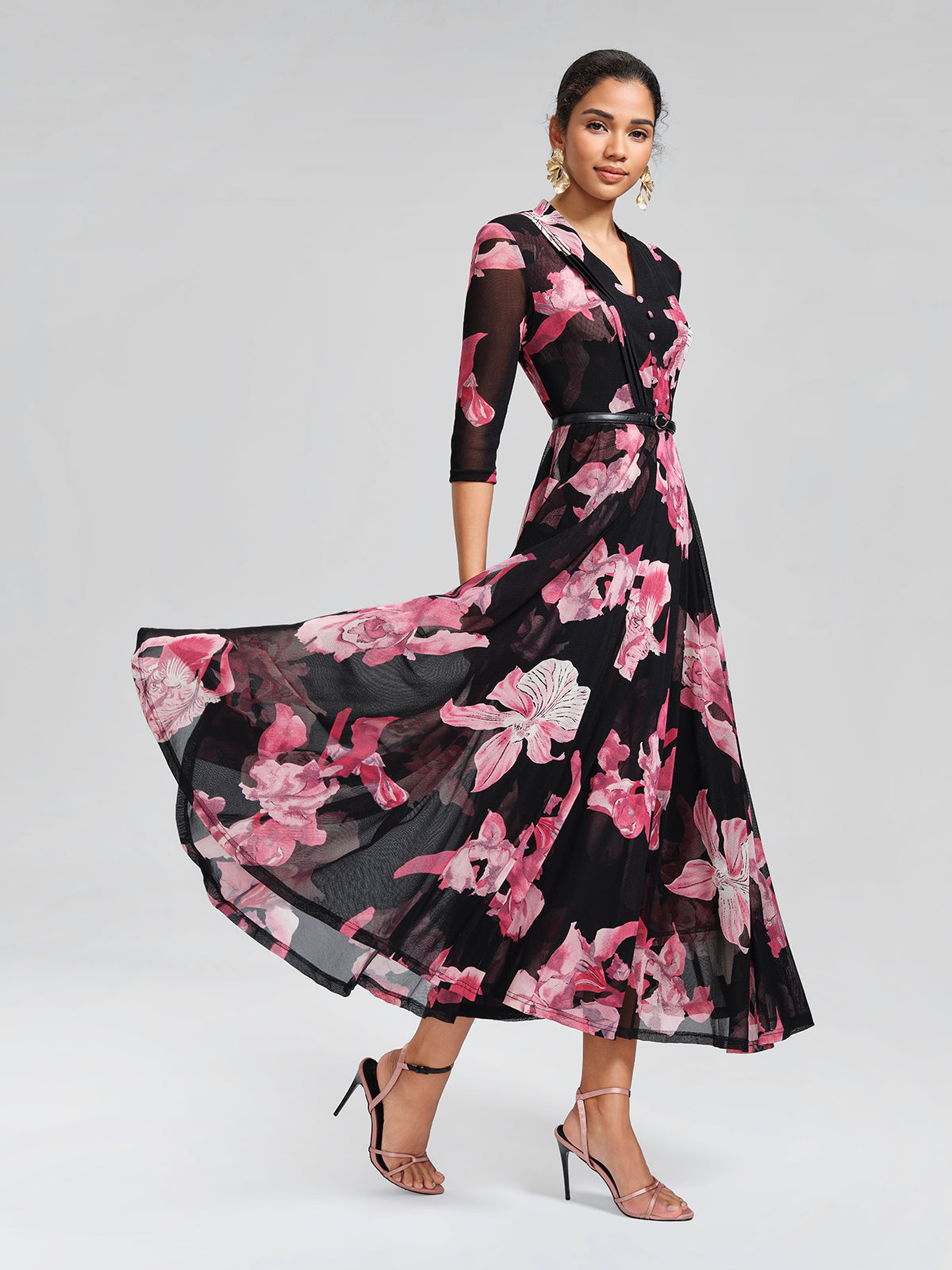 Floral Mesh Pleated V-Neck Dress (Belt Included)