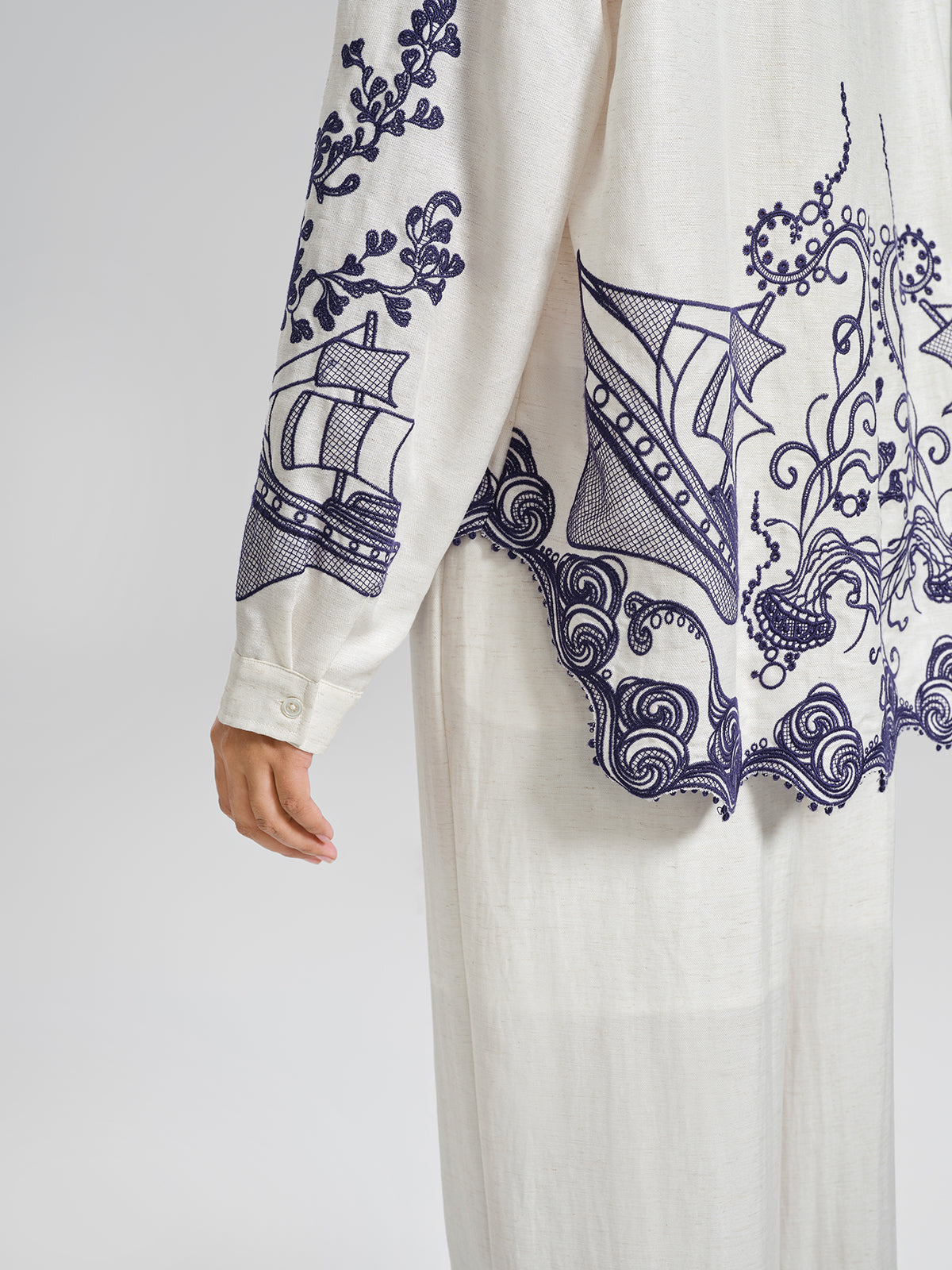 Linen Embroidered Sail Pattern Lapel Shirt