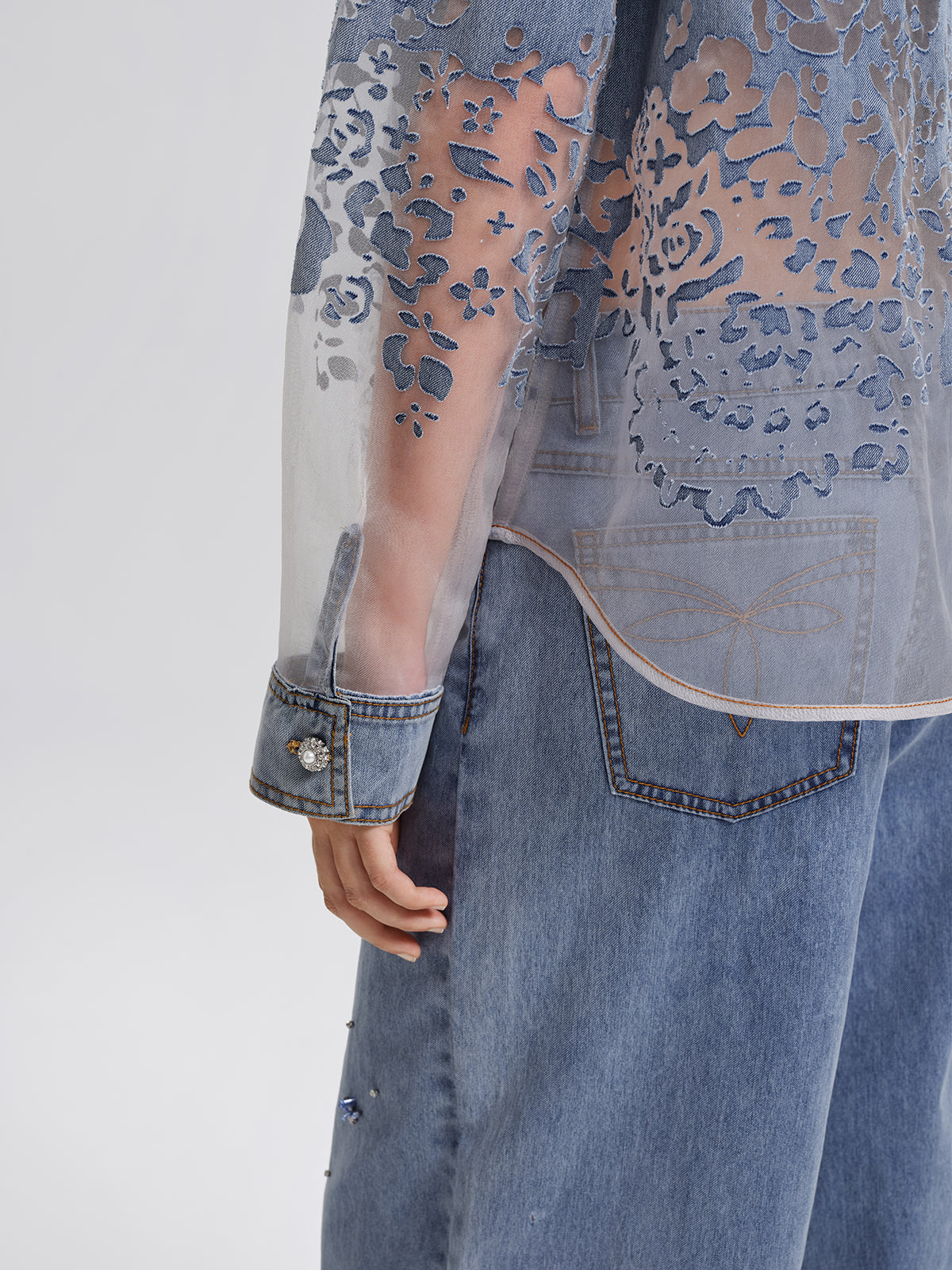 Denim Burnout Mesh Panel Rhinestone Loose Shirt