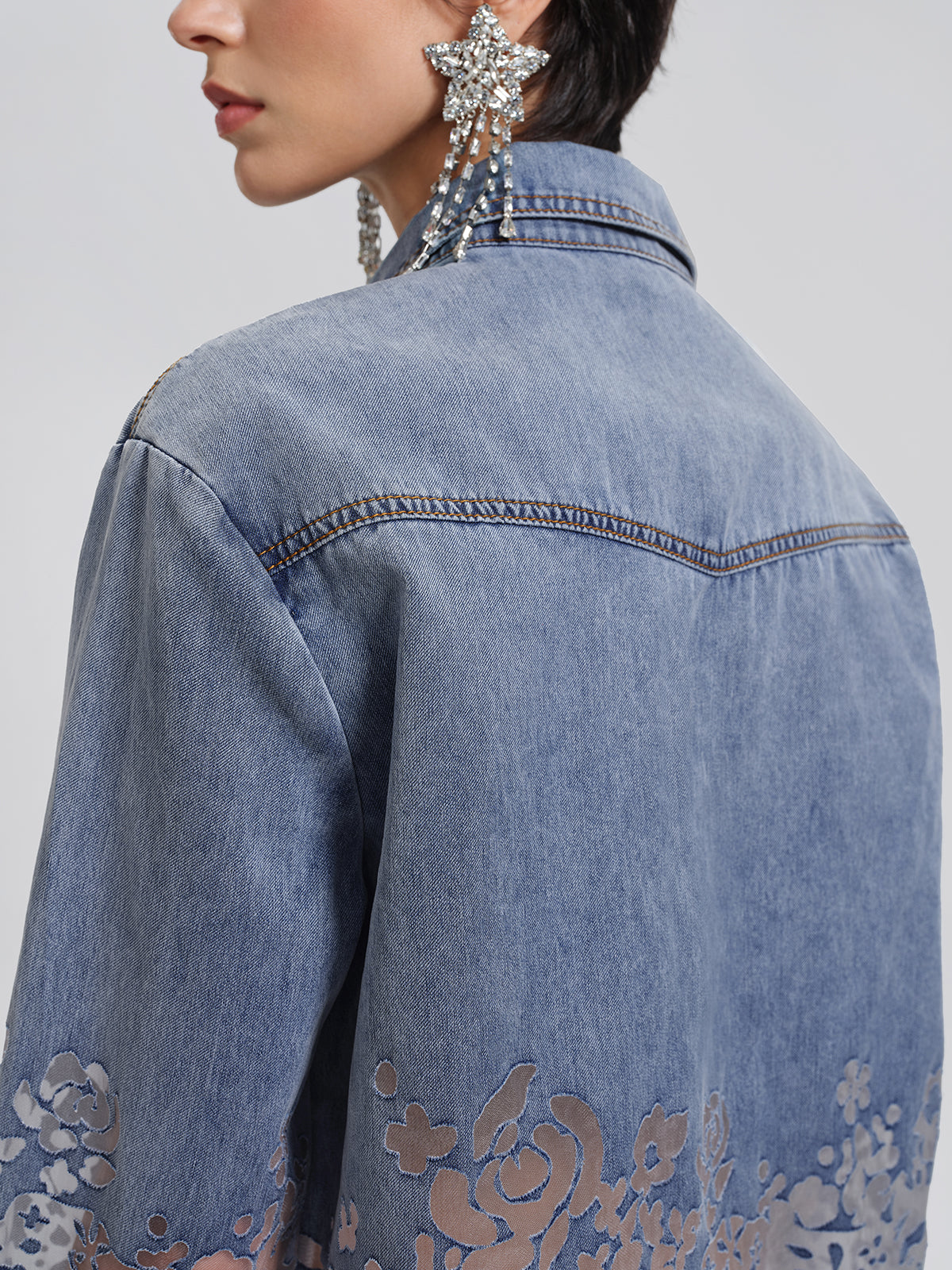 Denim Burnout Mesh Panel Rhinestone Loose Shirt