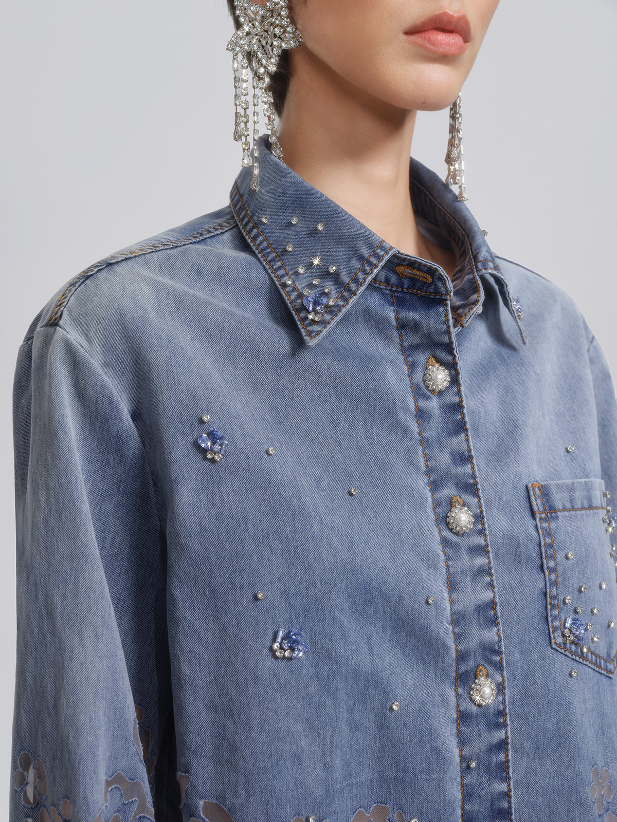 Denim Burnout Mesh Panel Rhinestone Loose Shirt