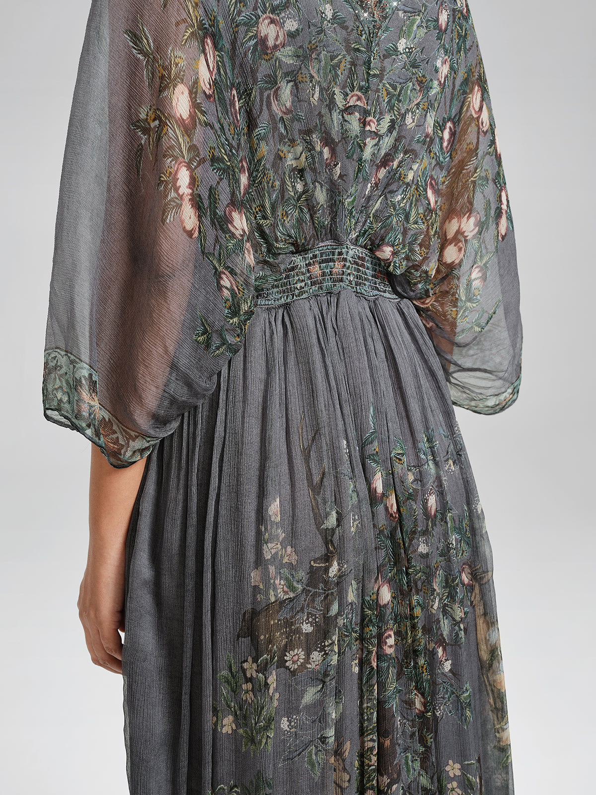 Silk Rhinestone Forest-Print Batwing-Sleeve Dress