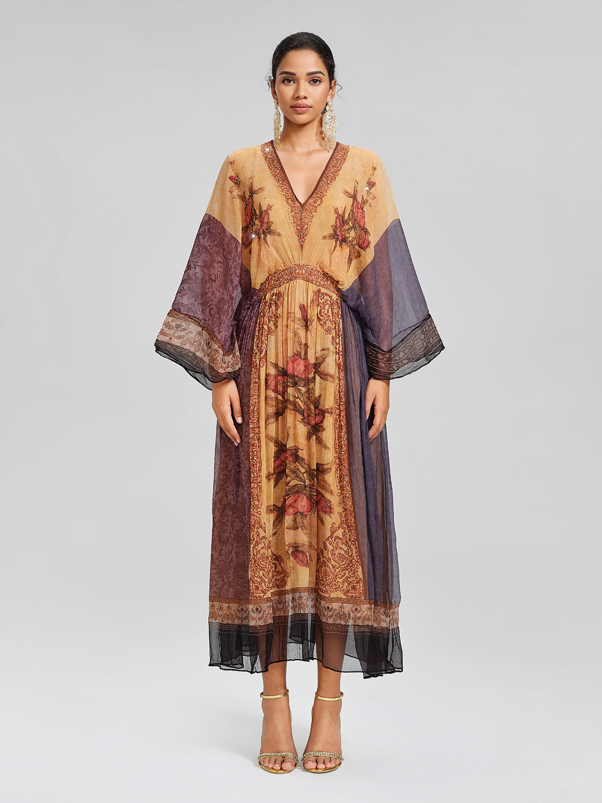 Silk Rhinestone Floral Batwing-Sleeve V-Neck Dress