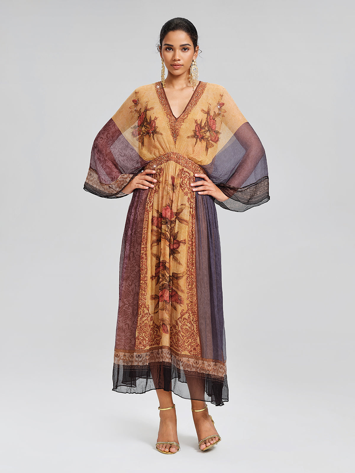 Silk Rhinestone Floral Batwing-Sleeve V-Neck Dress, YELLOW / L