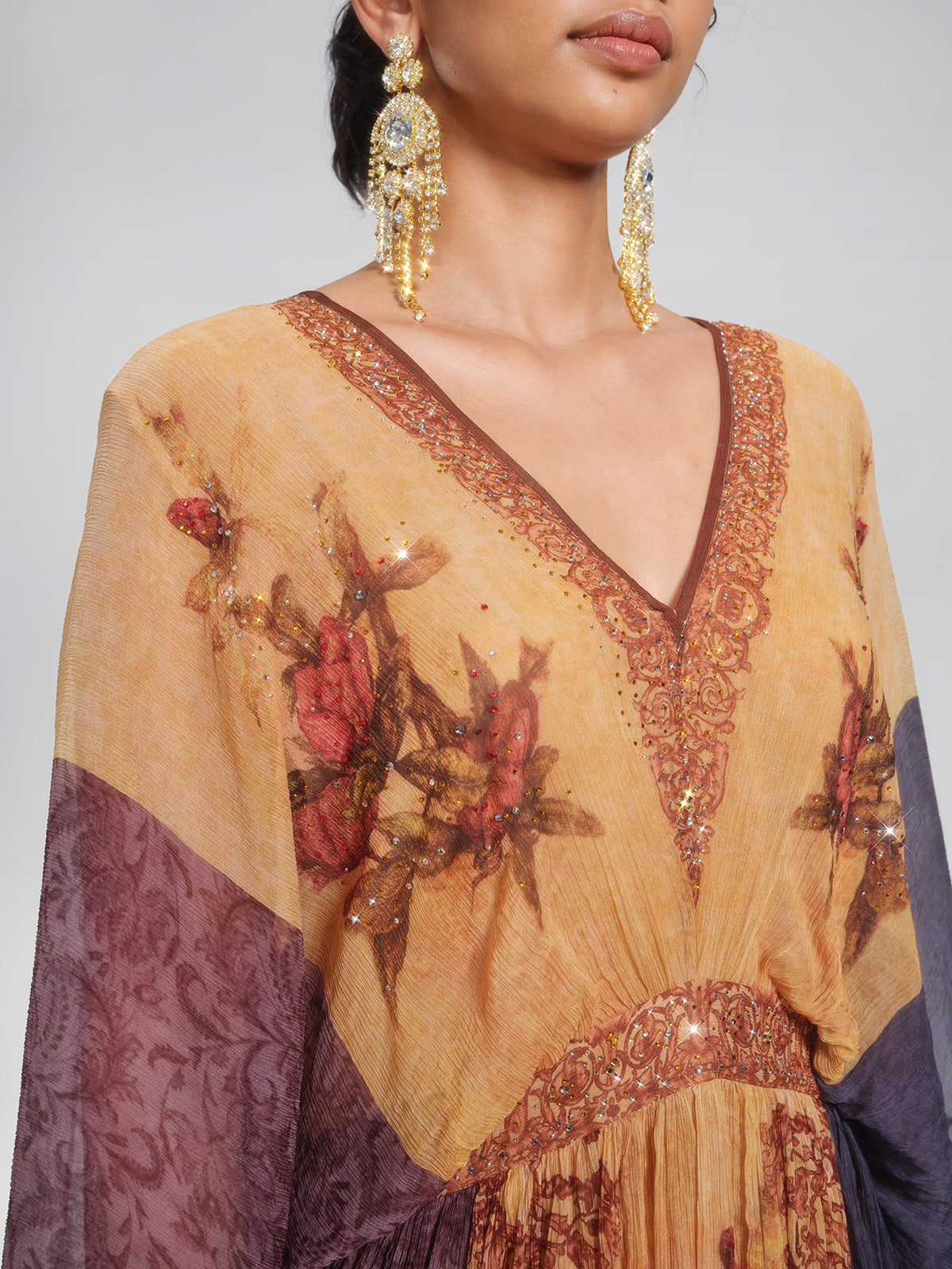 Silk Rhinestone Floral Batwing-Sleeve V-Neck Dress