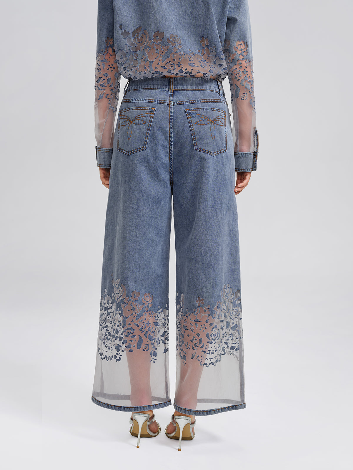 Denim Burnout Mesh Panel Rhinestone High-Waist Wide-Leg Pants