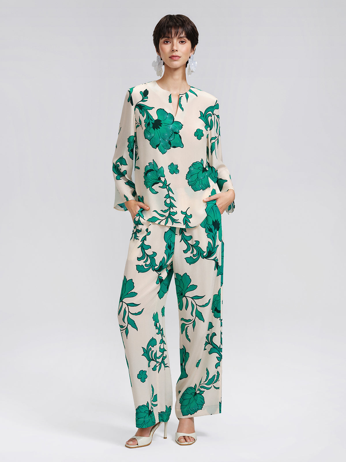 100% Silk Drawstring Waist Elastic Wide-Leg Pants